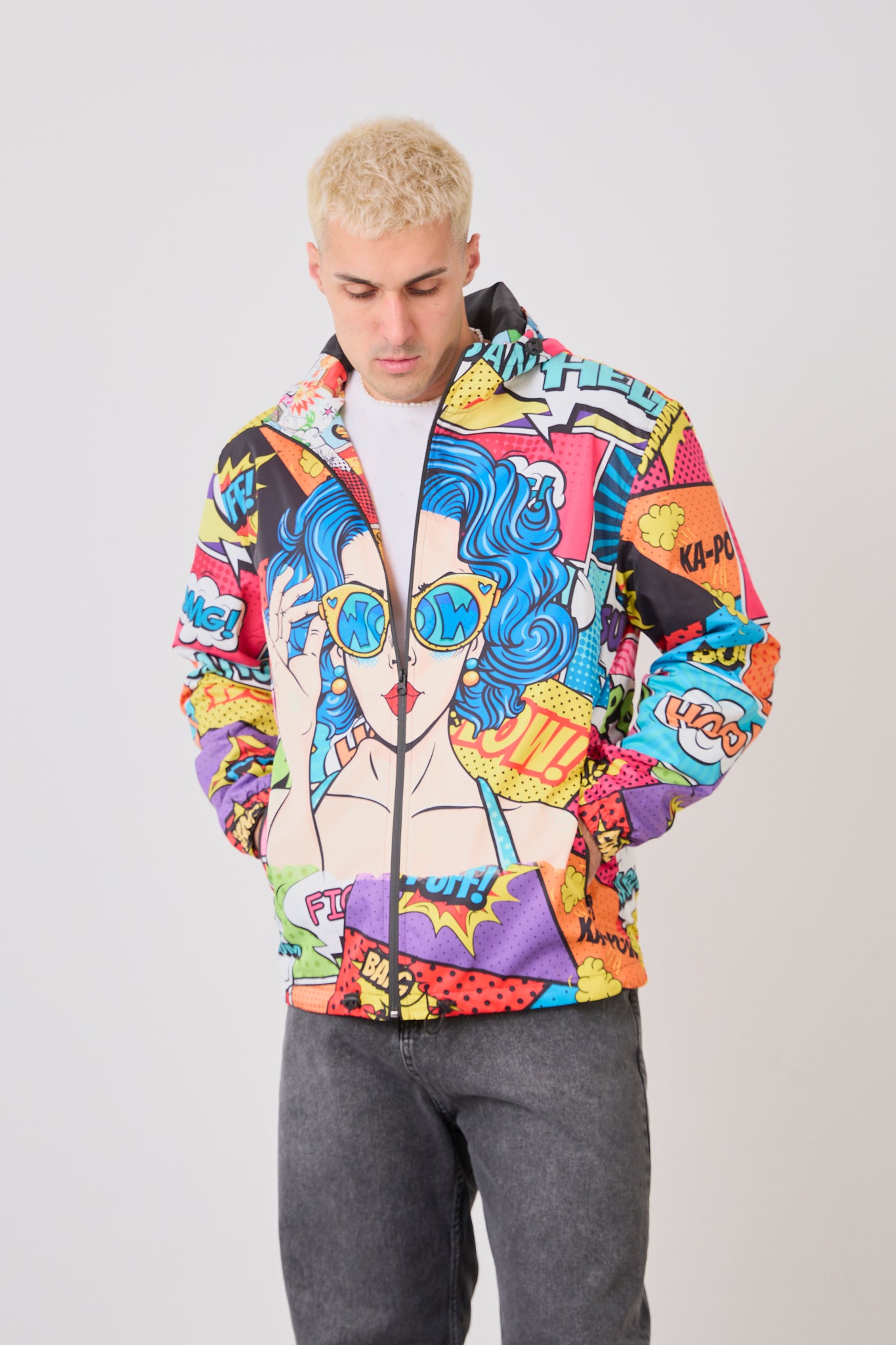 Unisex Comic Style Printed Windbreaker – Lightweight Hooded Pop Art Rain Jacket-R-1919