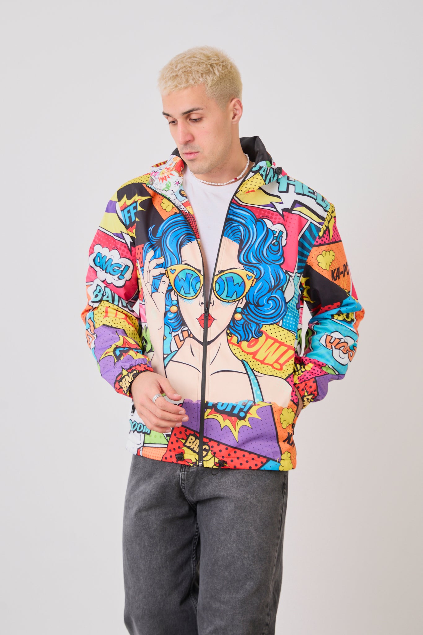 Unisex Comic Style Printed Windbreaker – Lightweight Hooded Pop Art Rain Jacket-R-1919
