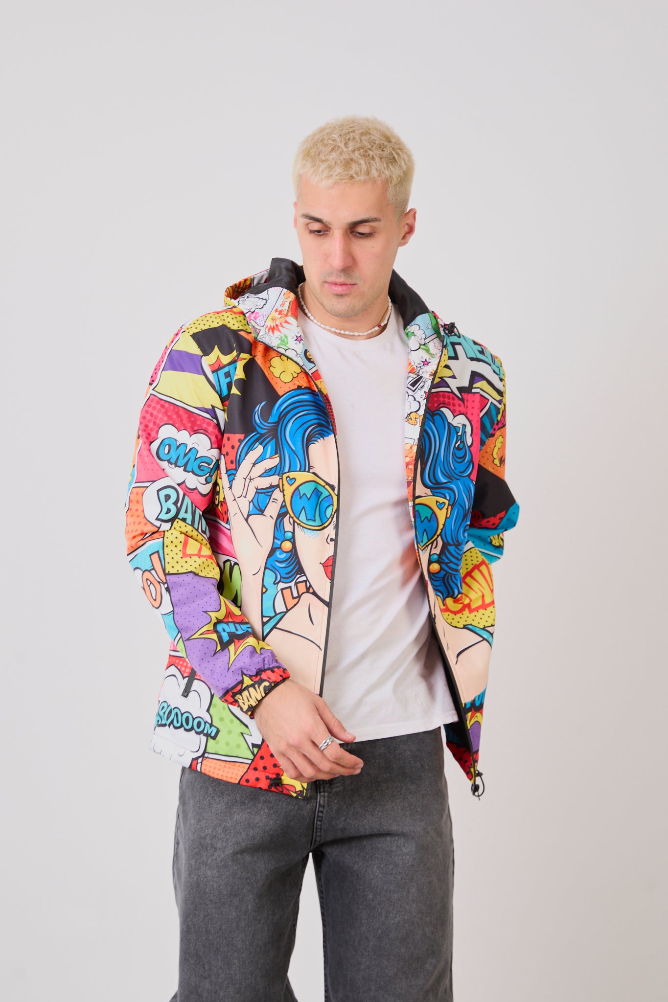 Unisex Comic Style Printed Windbreaker – Lightweight Hooded Pop Art Rain Jacket-R-1919