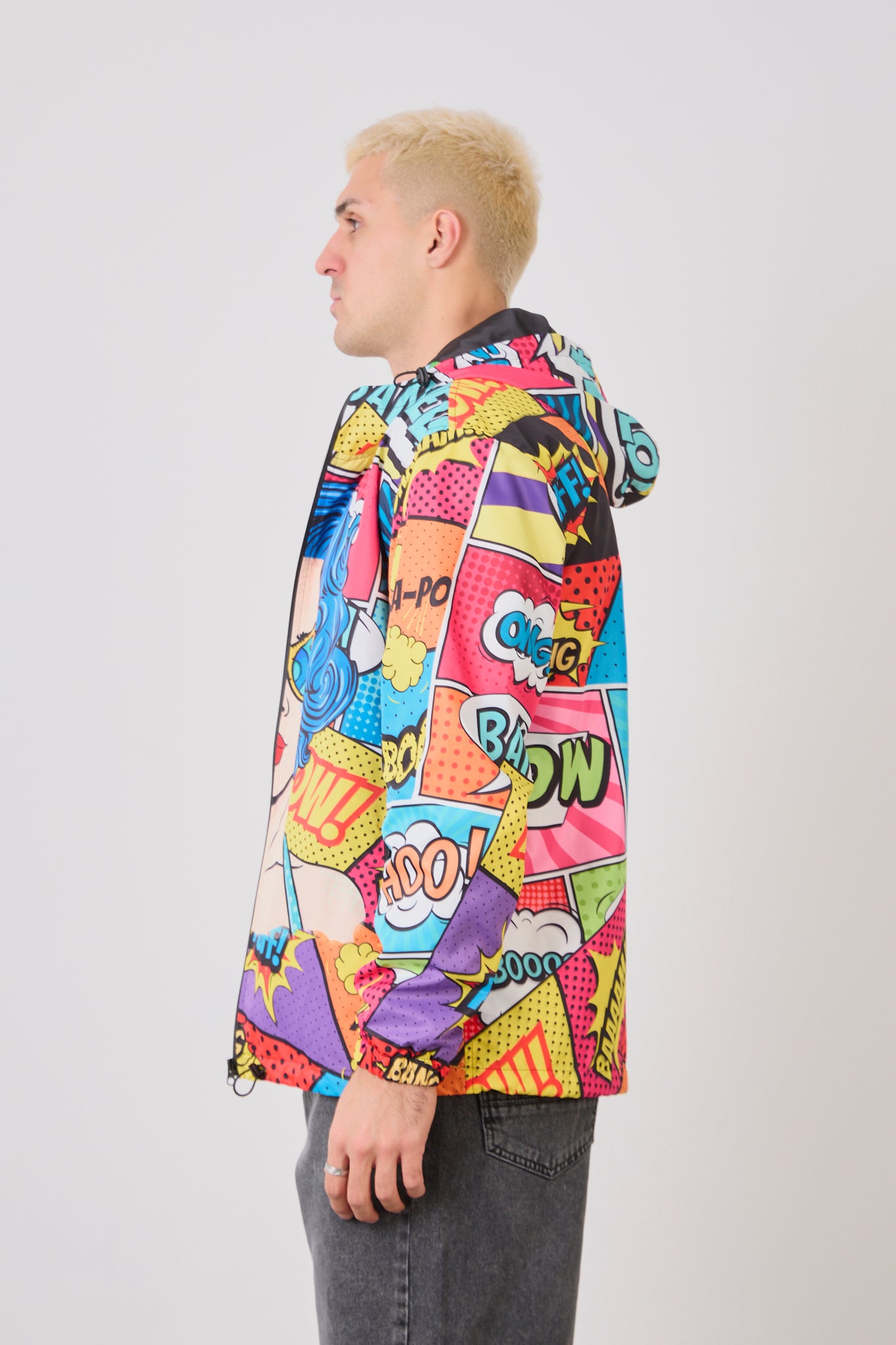 Unisex Comic Style Printed Windbreaker – Lightweight Hooded Pop Art Rain Jacket-R-1919
