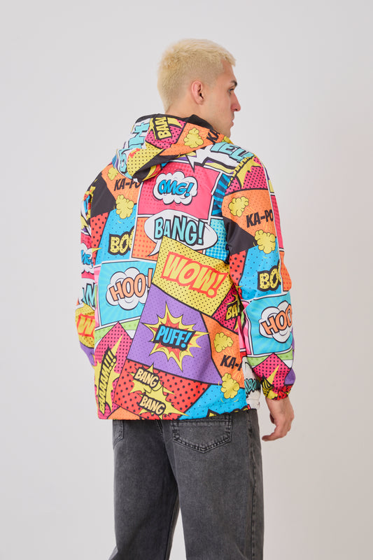 Unisex Comic Style Printed Windbreaker – Lightweight Hooded Pop Art Rain Jacket-R-1919