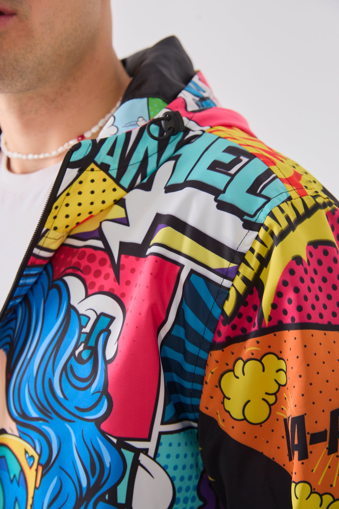 Unisex Comic Style Printed Windbreaker – Lightweight Hooded Pop Art Rain Jacket-R-1919