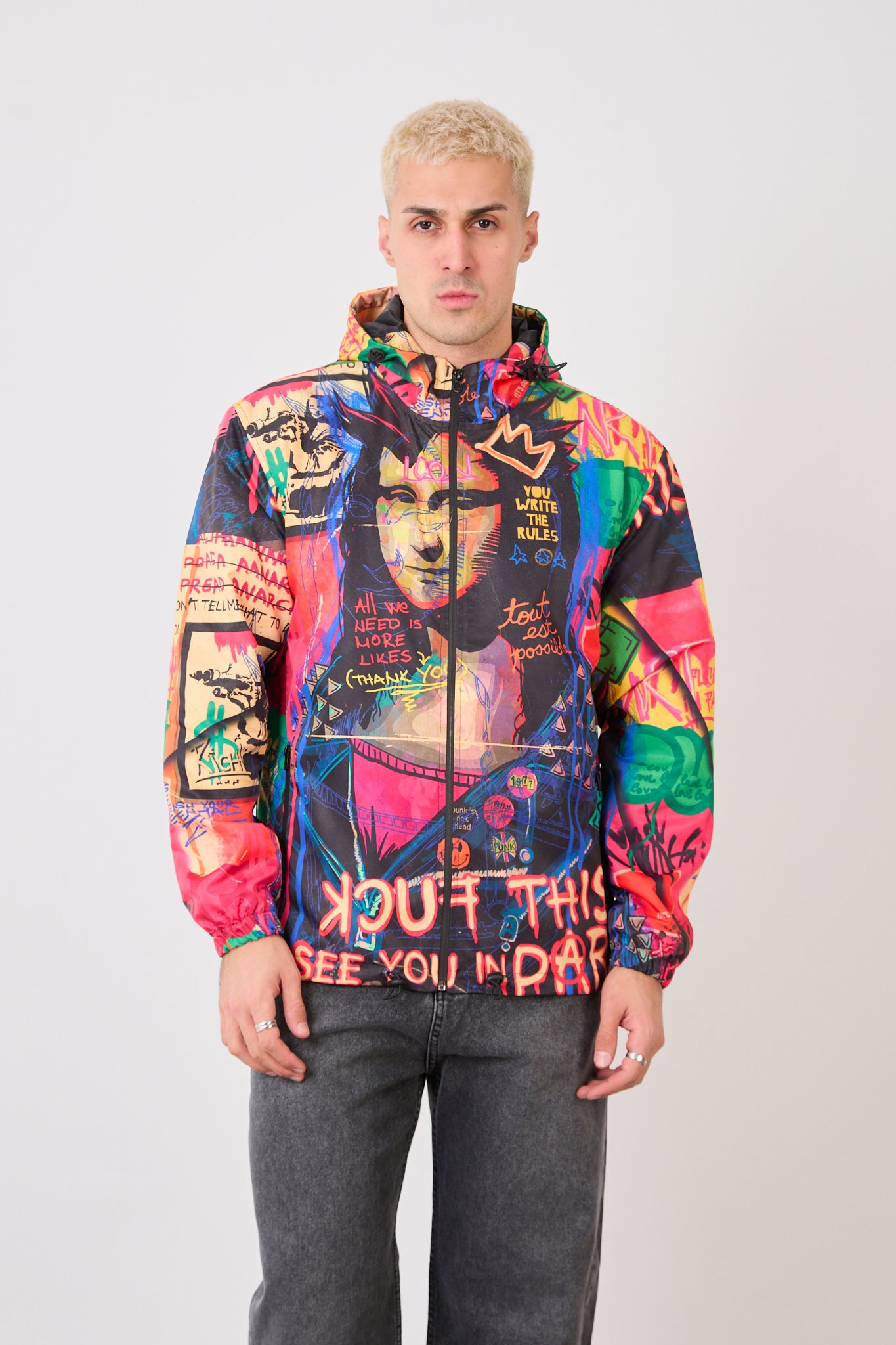 Unisex Graphic Print Hooded Rain Jacket – Full Zip Streetwear Windbreaker-R-2252