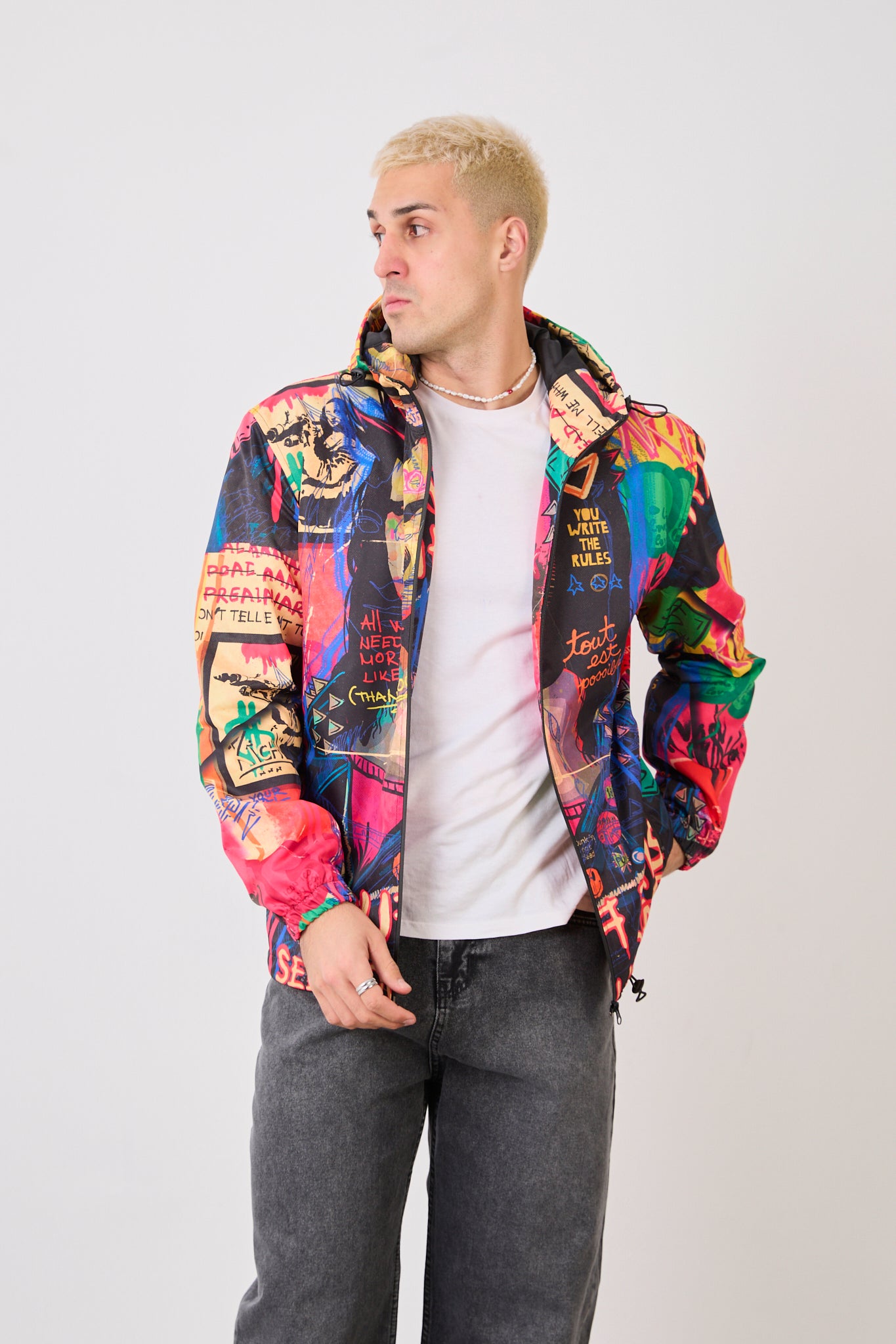 Unisex Graphic Print Hooded Rain Jacket – Full Zip Streetwear Windbreaker-R-2252