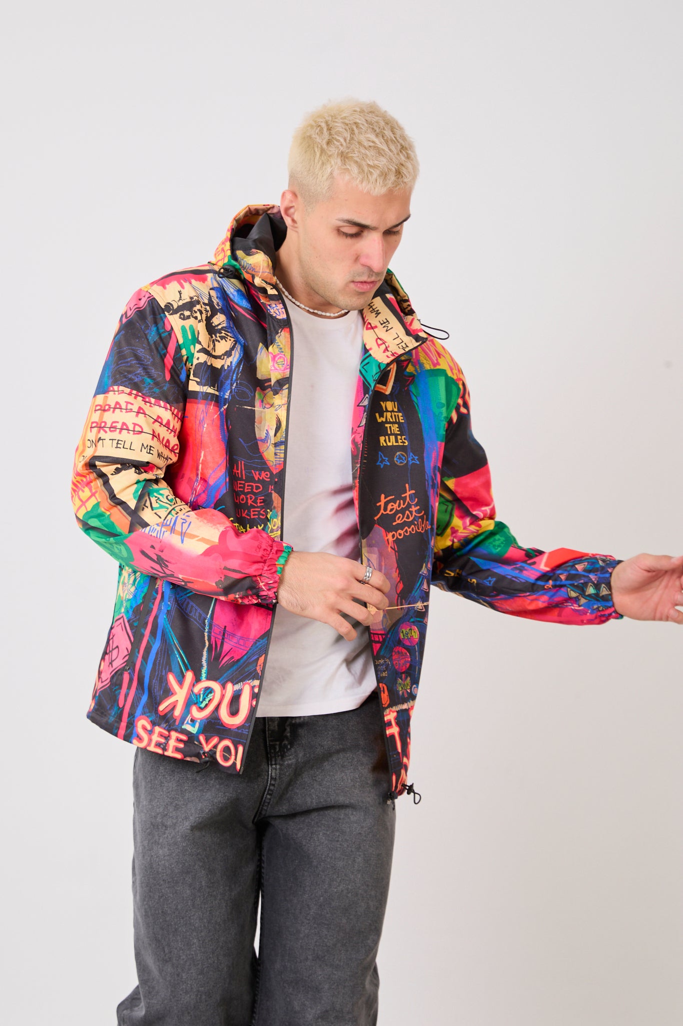 Unisex Graphic Print Hooded Rain Jacket – Full Zip Streetwear Windbreaker-R-2252