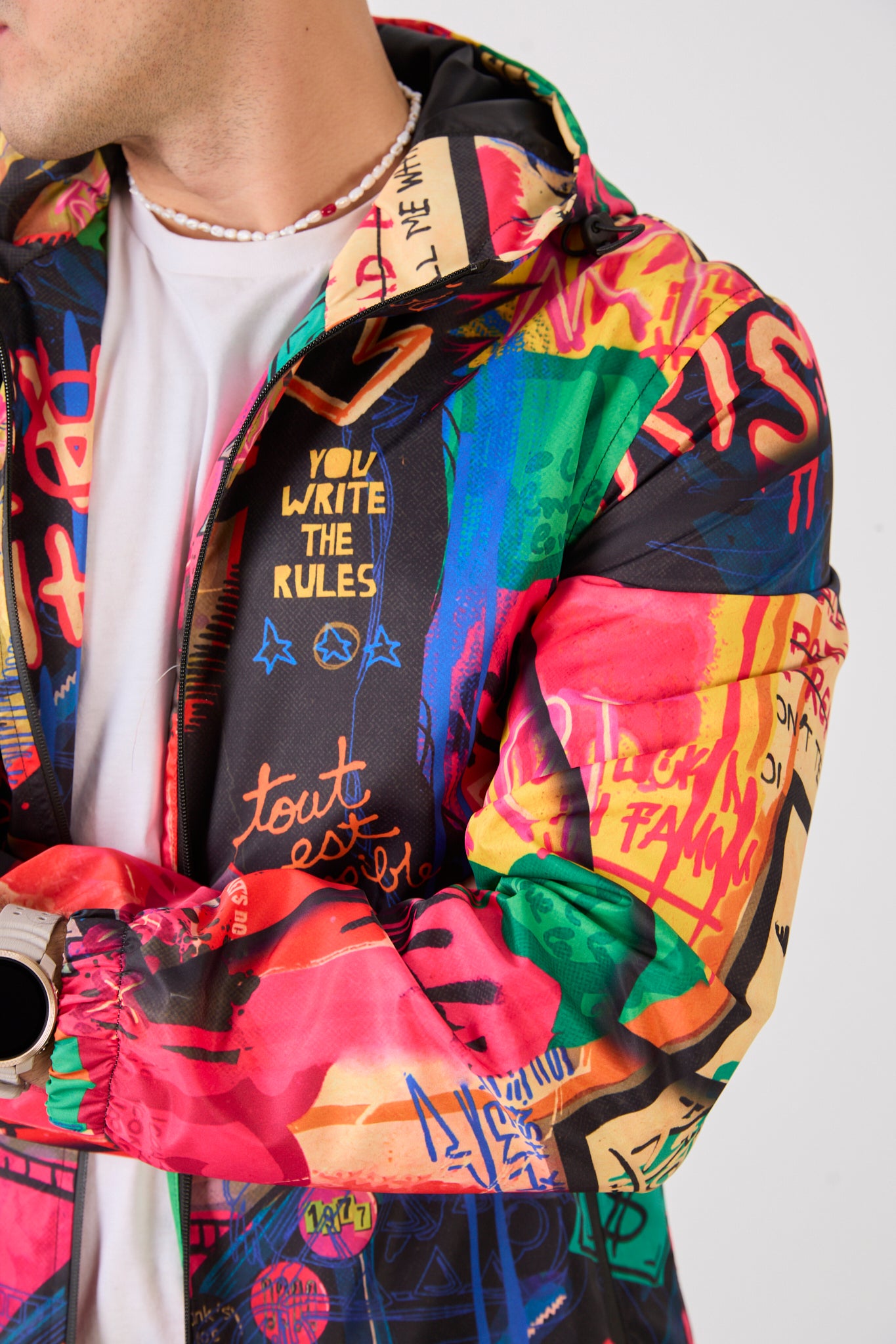 Unisex Graphic Print Hooded Rain Jacket – Full Zip Streetwear Windbreaker-R-2252