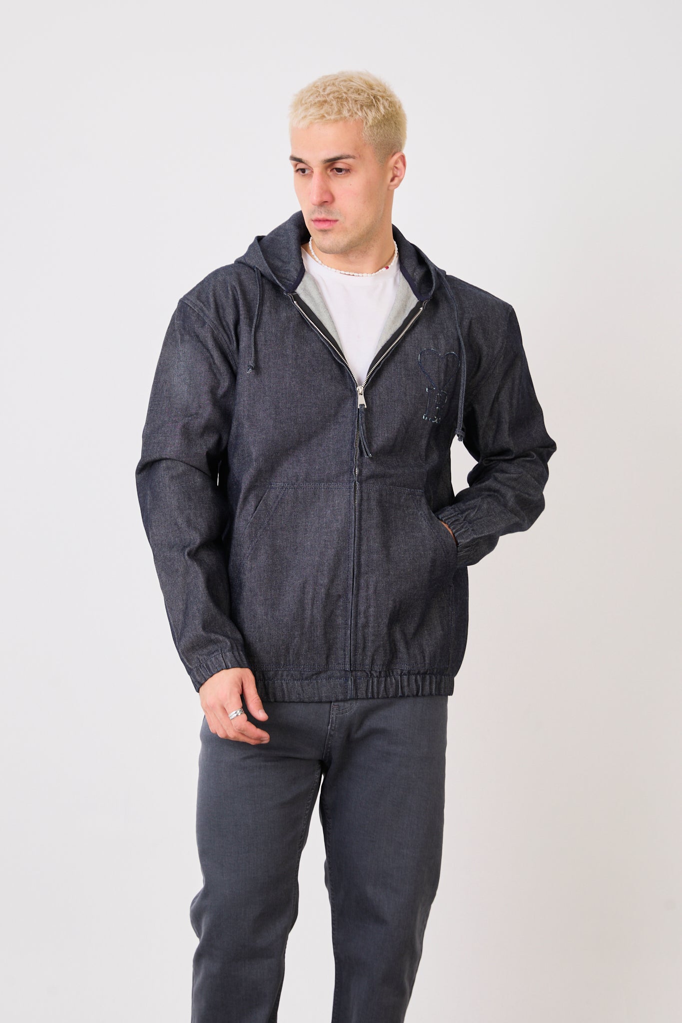 Men’s Half-Zip Denim Hoodie Jacket – Casual Relaxed Fit X-2029