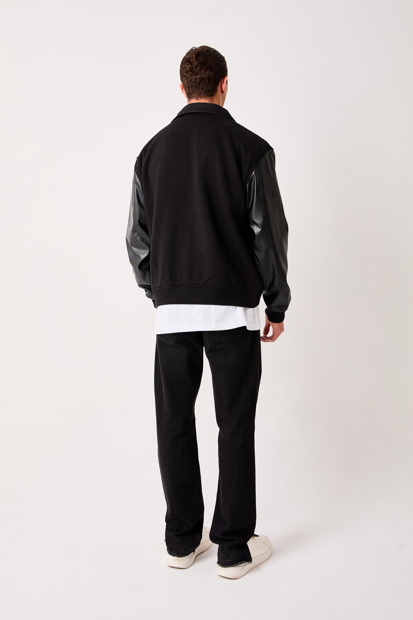 Men’s Varsity Bomber Jacket Black Zip Front Flower Appliqué Faux Leather Sleeves Ribbed Hem