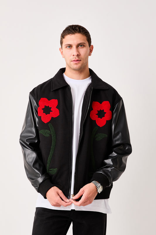 Men's Varsity Bomber Jacket Black Zip Front Flower Appliqué Faux Leather Sleeves Ribbed Hem with stand collar