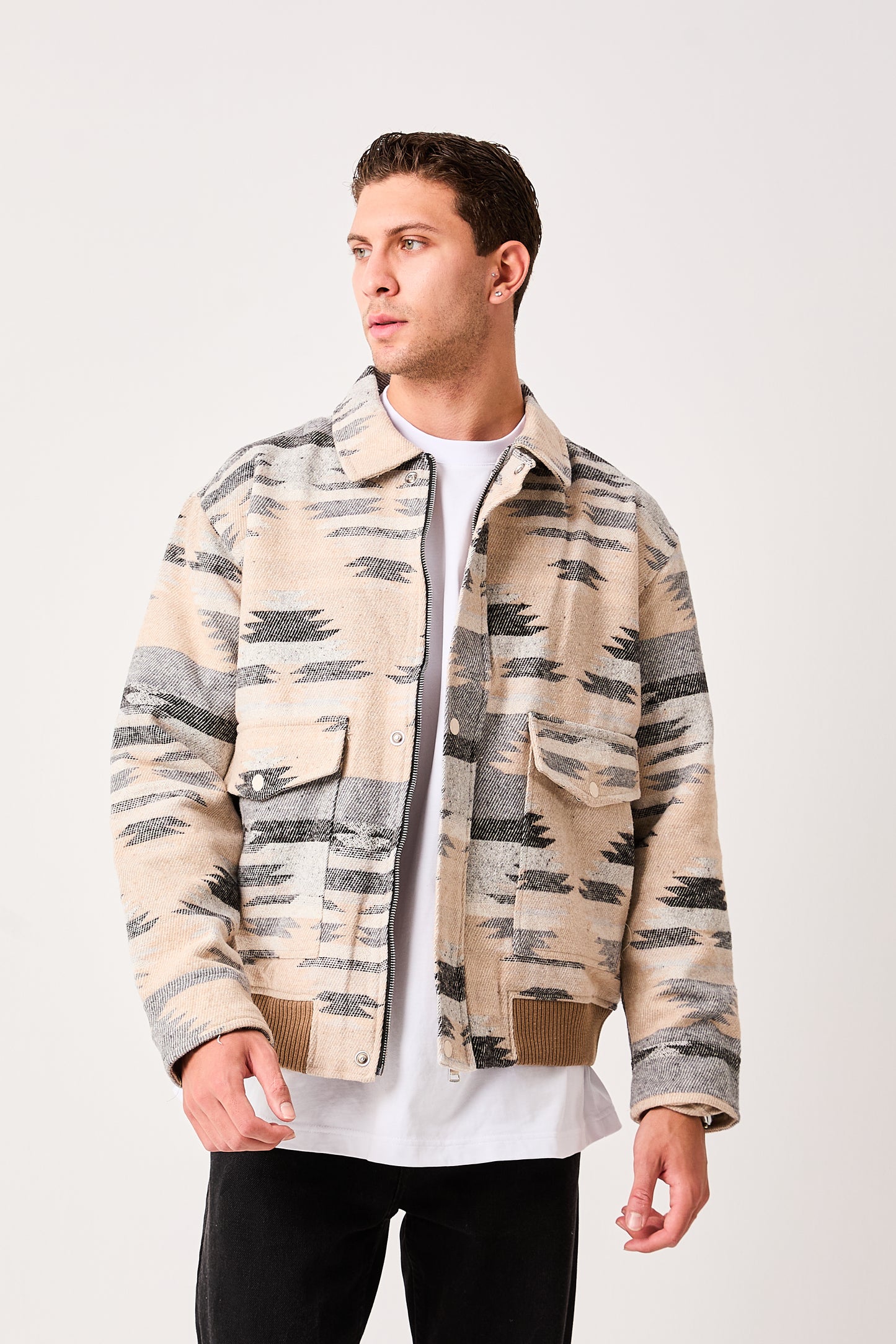 Men's Patterned Bomber Jacket – Zip Front, Ribbed Trim – X-2007