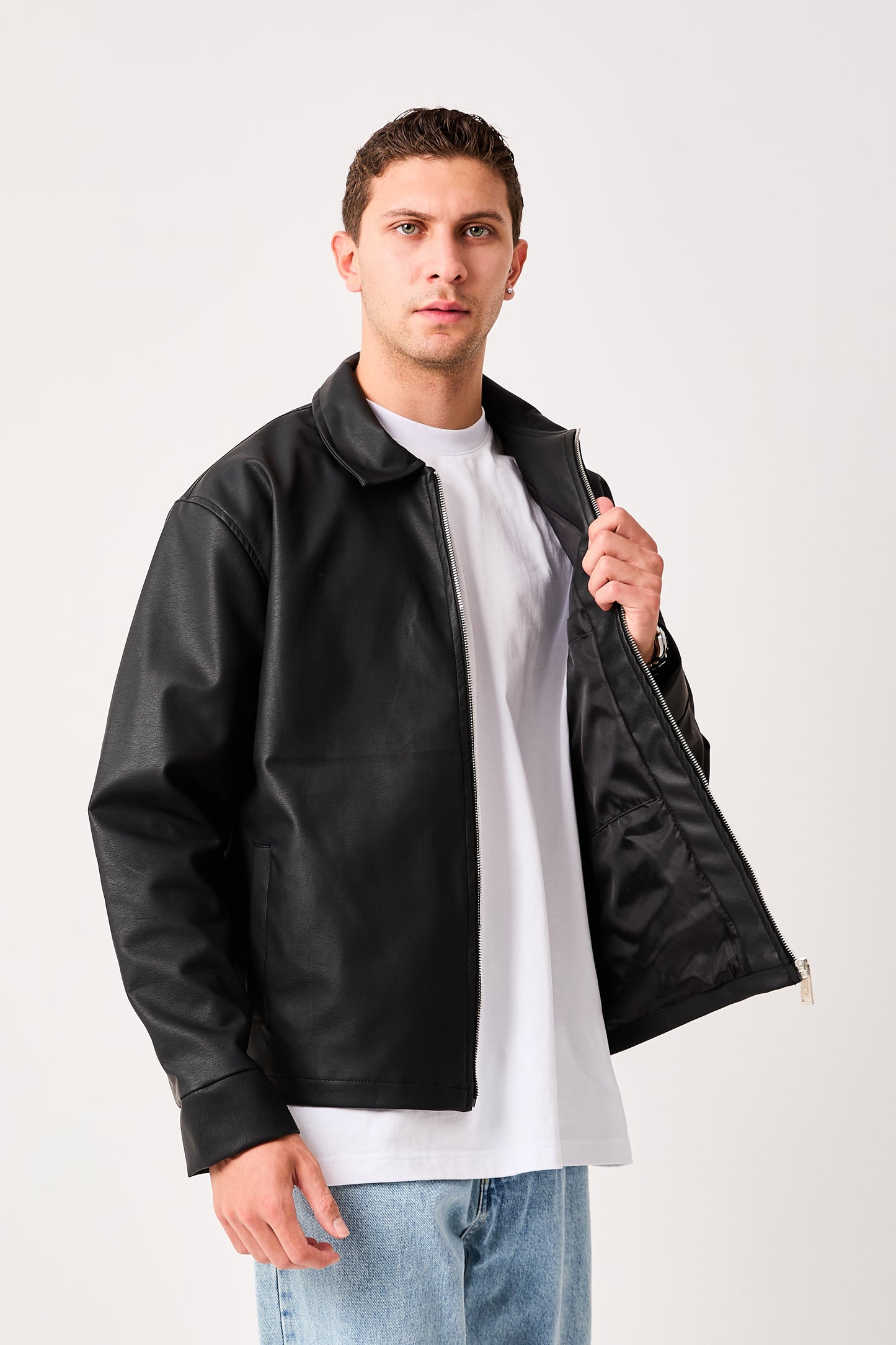 Men's Faux Leather Zip Jacket with Shirt Collar – Minimal Smart Casual Style – X-2011