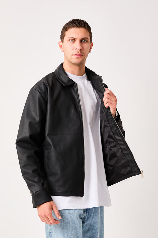 Men's Faux Leather Zip Jacket with Shirt Collar – Minimal Smart Casual Style – X-2011