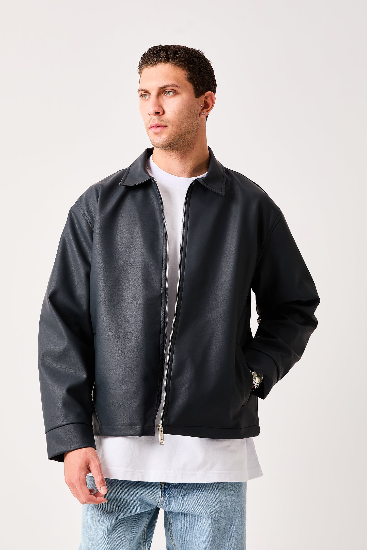 Men's Faux Leather Zip Jacket with Shirt Collar – Minimal Smart Casual Style – X-2011