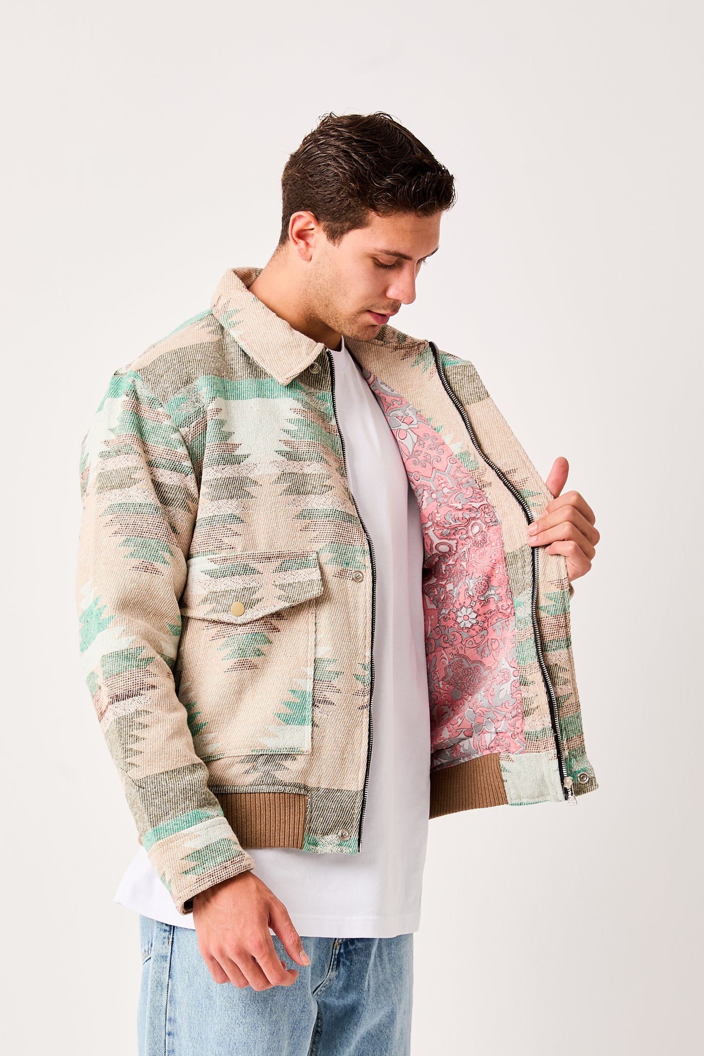 Men's Patterned Bomber Jacket – Zip Front, Ribbed Trim – X-2007