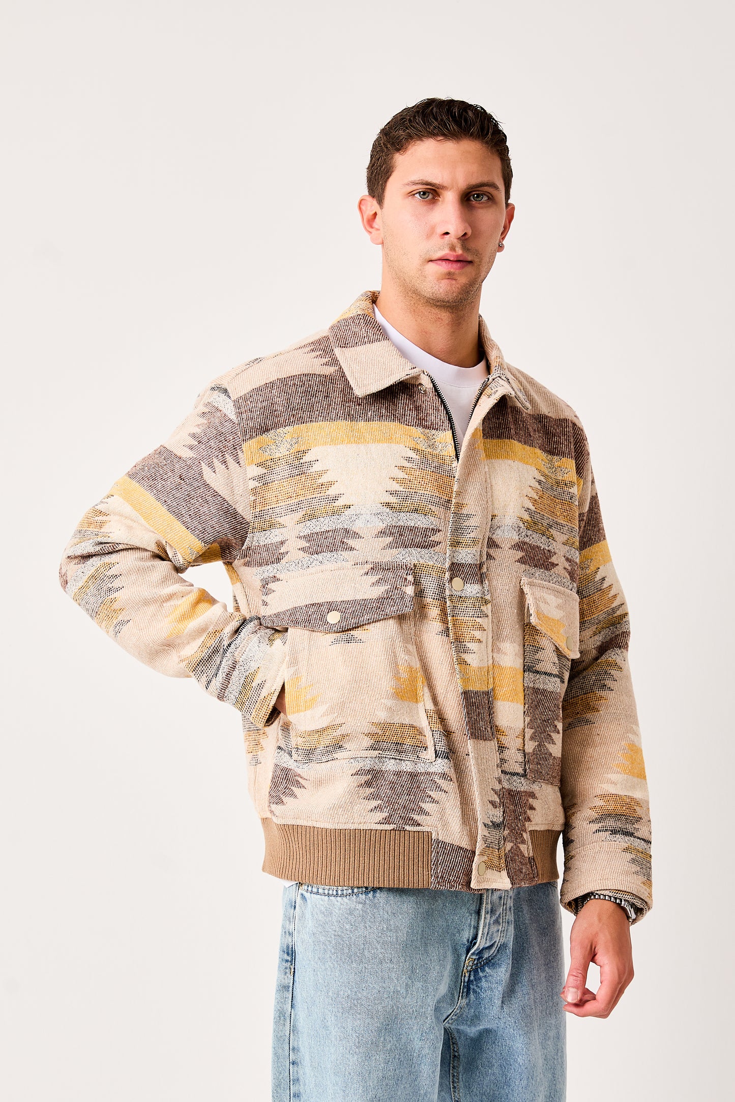 Men's Patterned Bomber Jacket – Zip Front, Ribbed Trim – X-2007