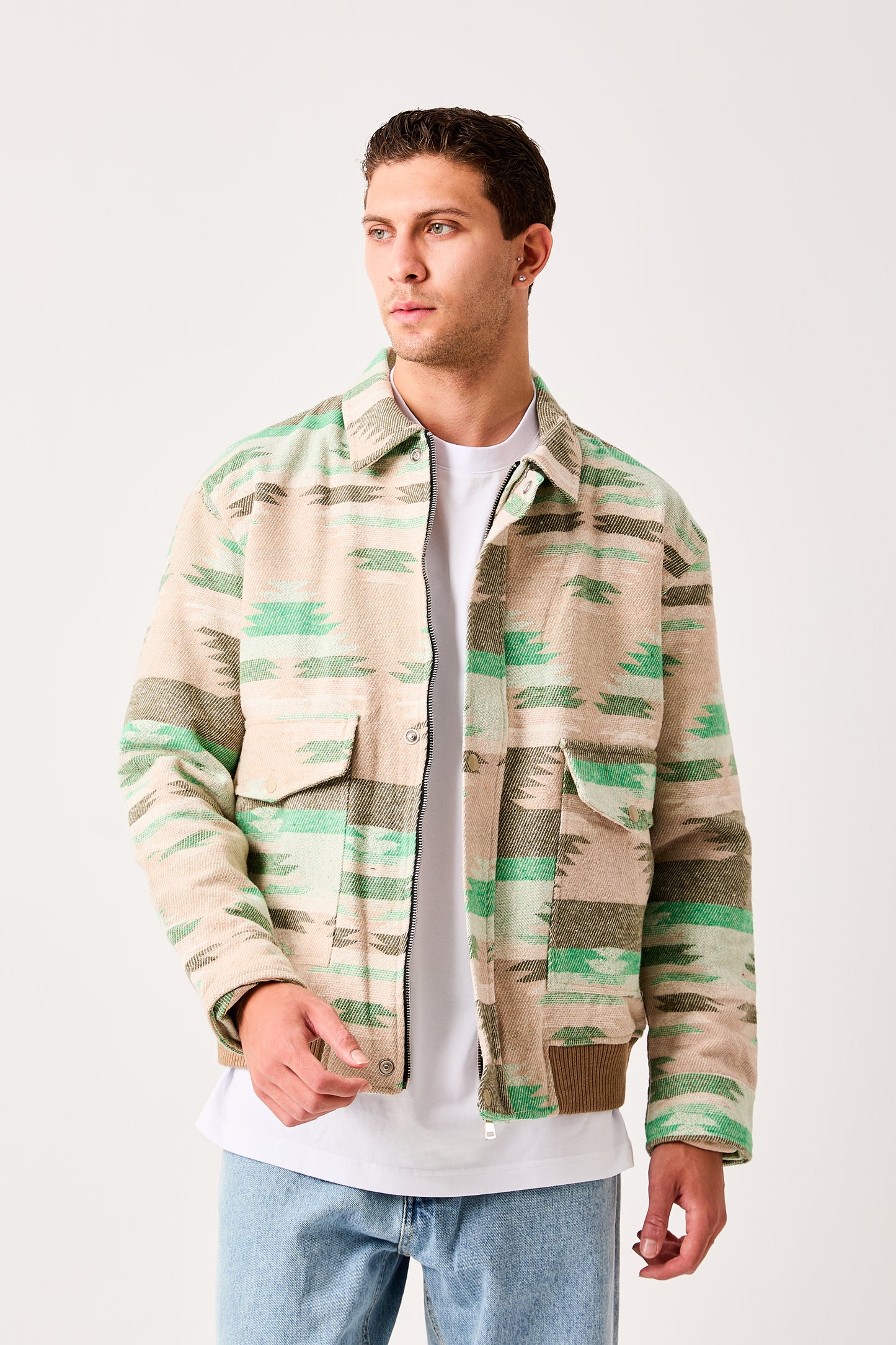 Men's Patterned Bomber Jacket – Zip Front, Ribbed Trim – X-2007