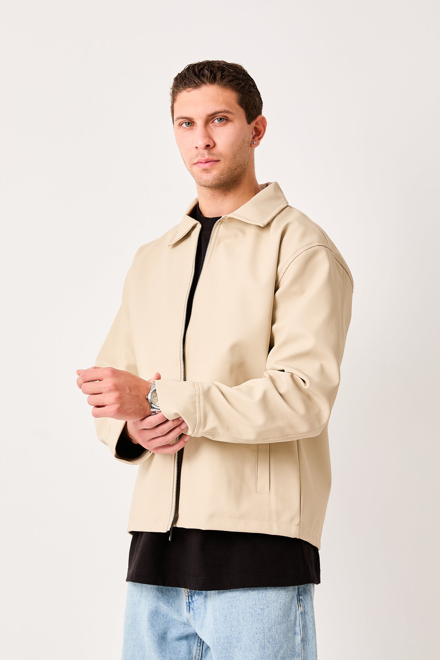 Men's Faux Leather Zip Jacket with Shirt Collar – Minimal Smart Casual Style – X-2011