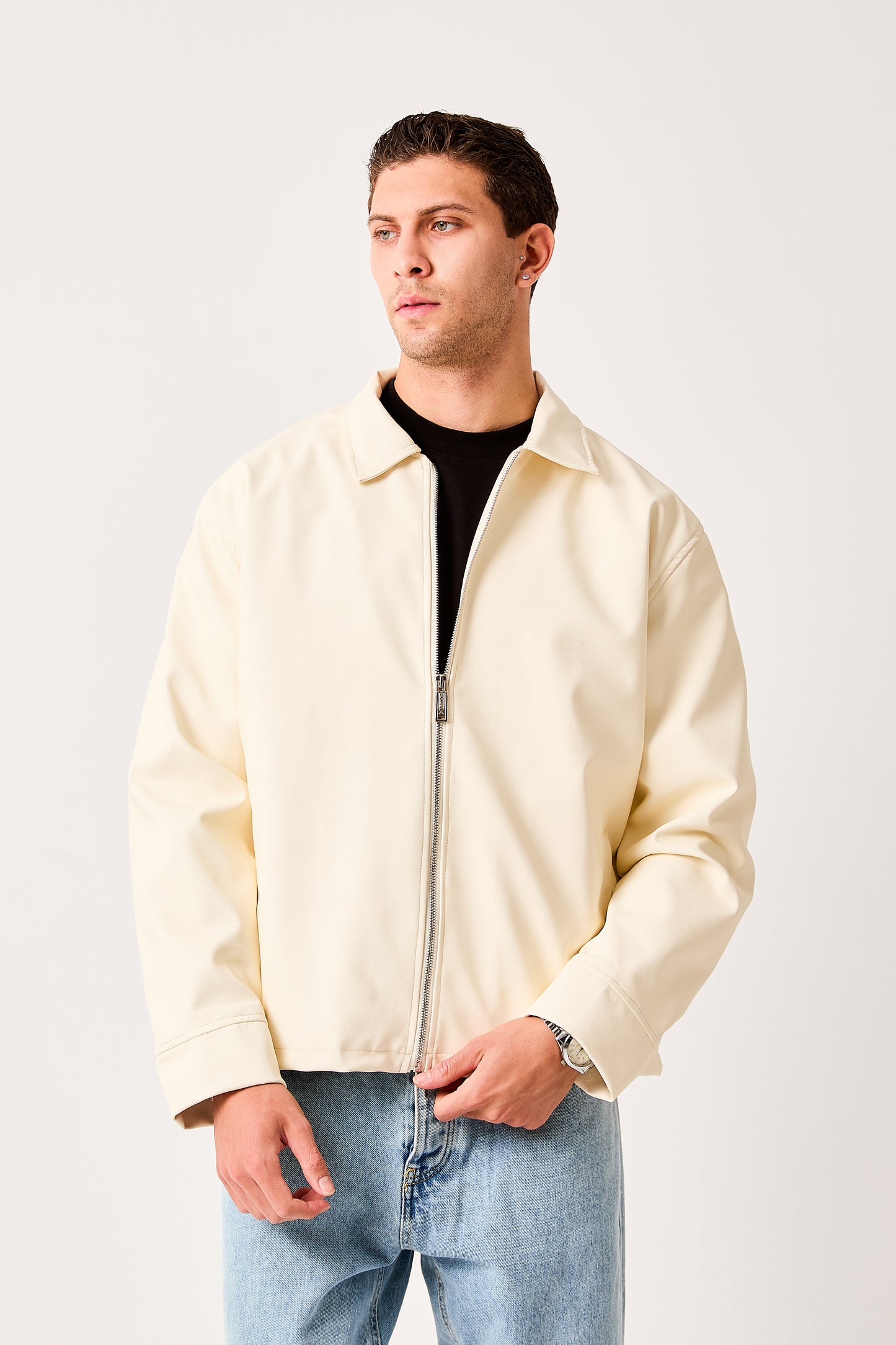 Men's Faux Leather Zip Jacket with Shirt Collar – Minimal Smart Casual Style – X-2011