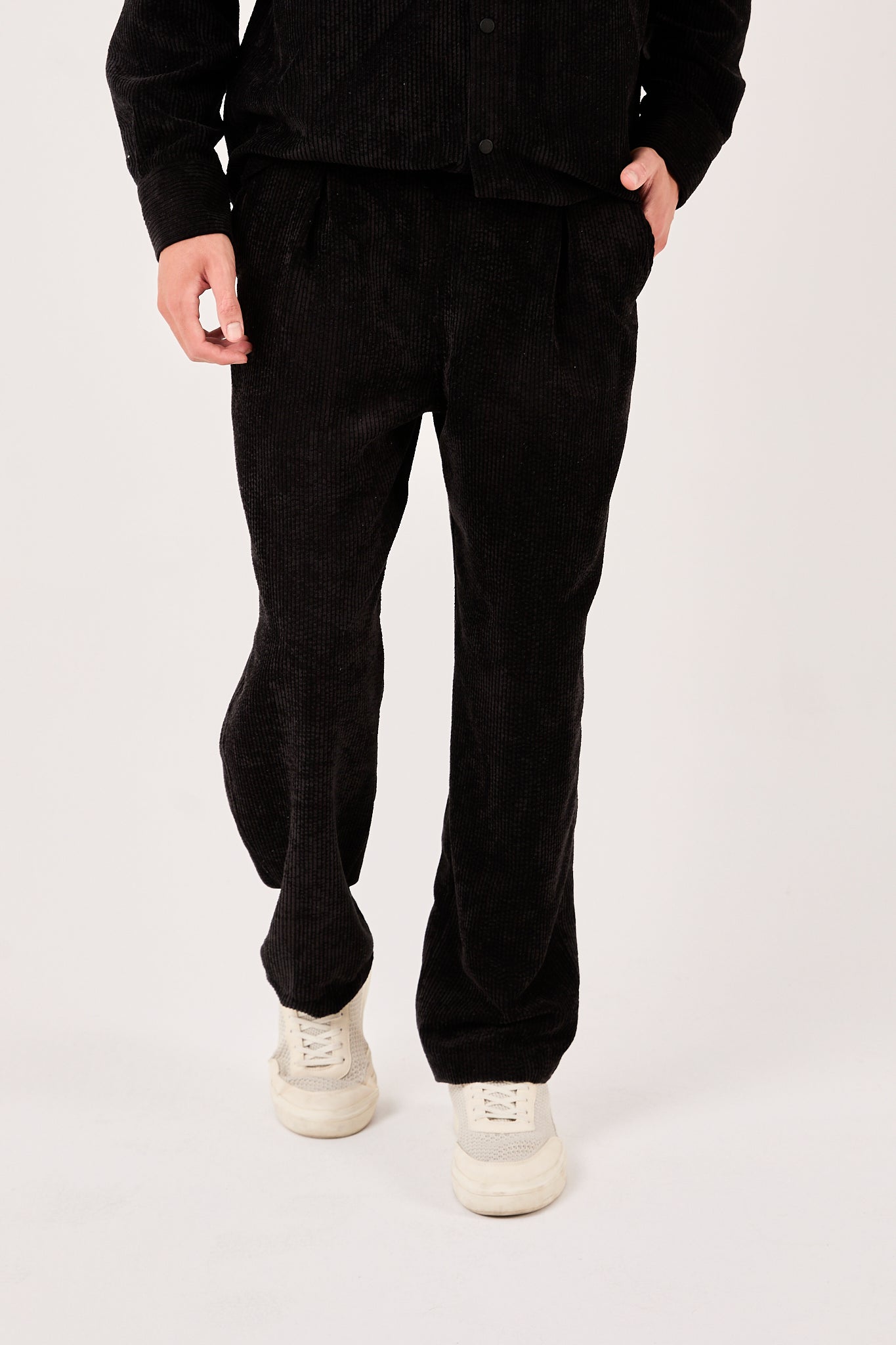 Men’s Black Corduroy Pants – Elastic Waist, Relaxed Fit-X-1004