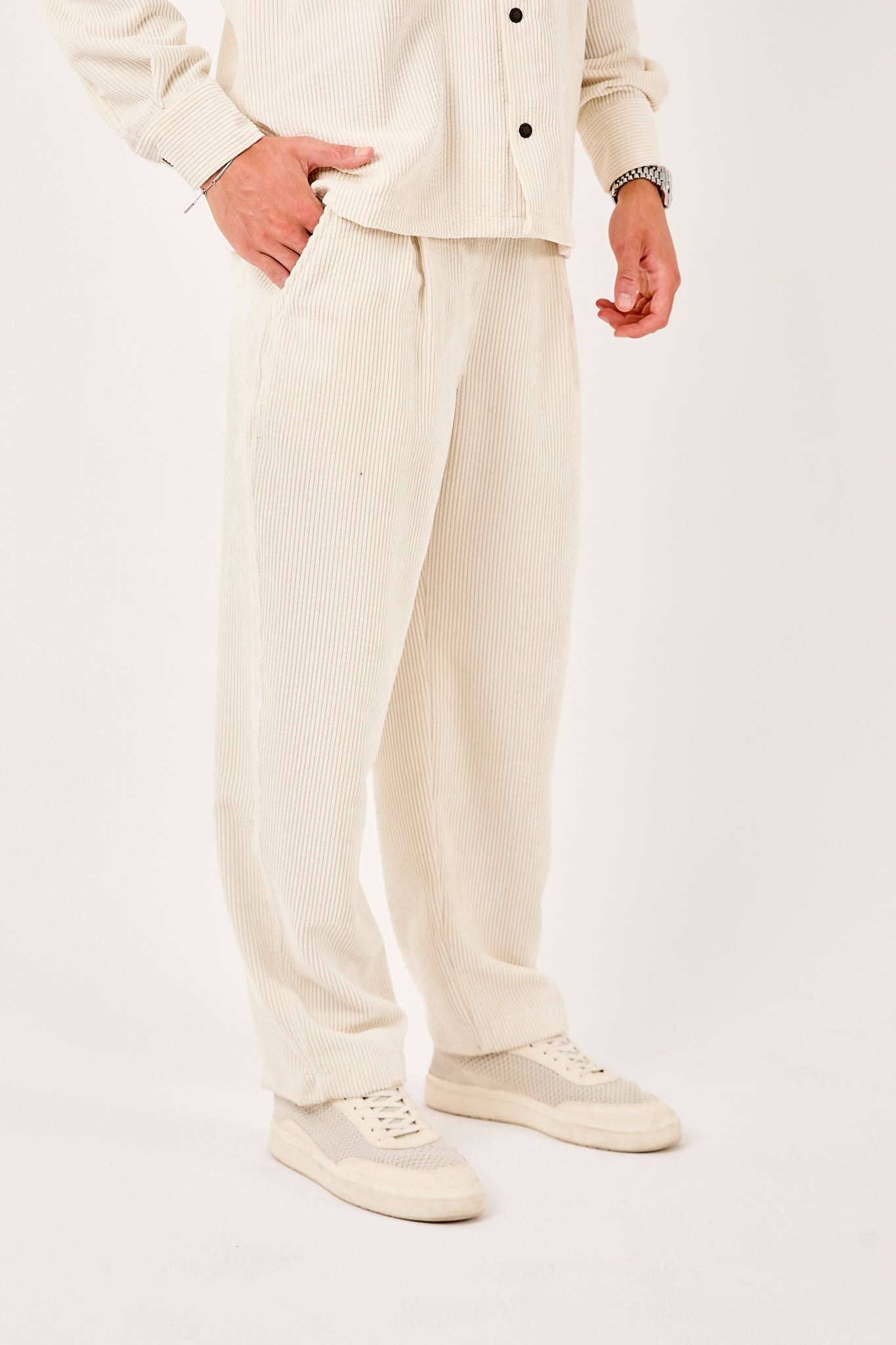 Men’s White Corduroy Pants – Elastic Waist, Relaxed Fit-X-1004
