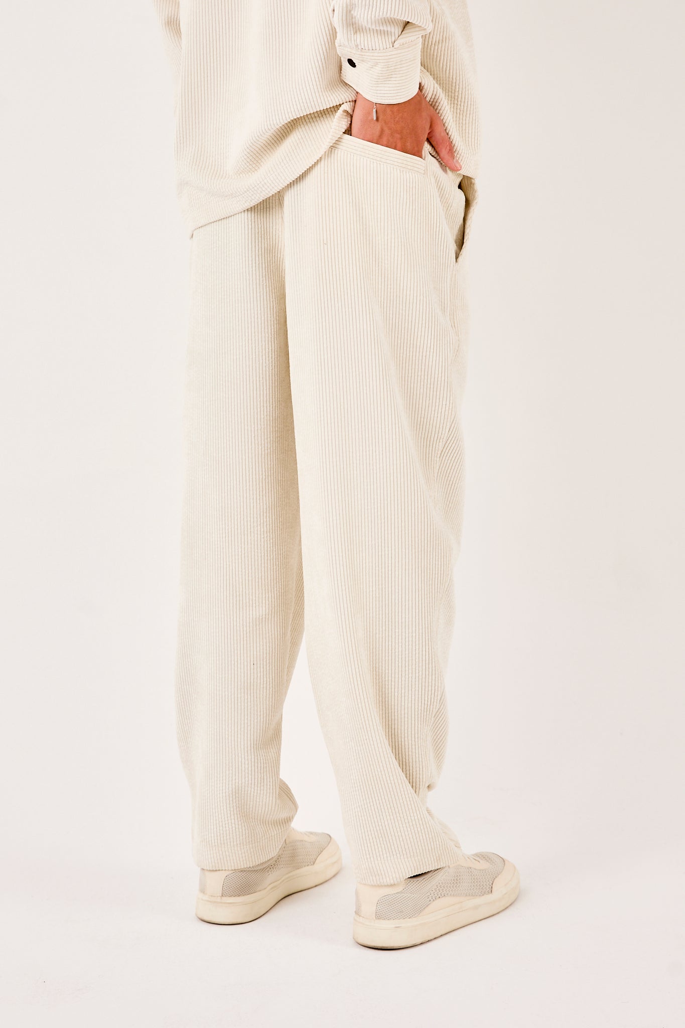 Men’s White Corduroy Pants – Elastic Waist, Relaxed Fit-X-1004