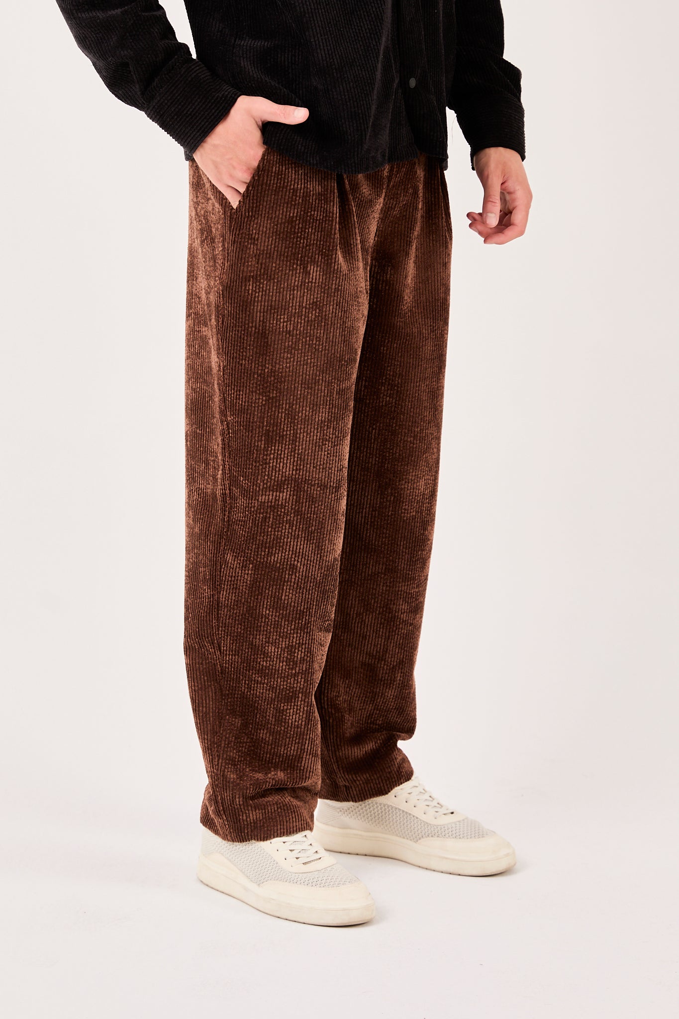 Men’s Brown Corduroy Pants – Elastic Waist, Relaxed Fit-X-1004