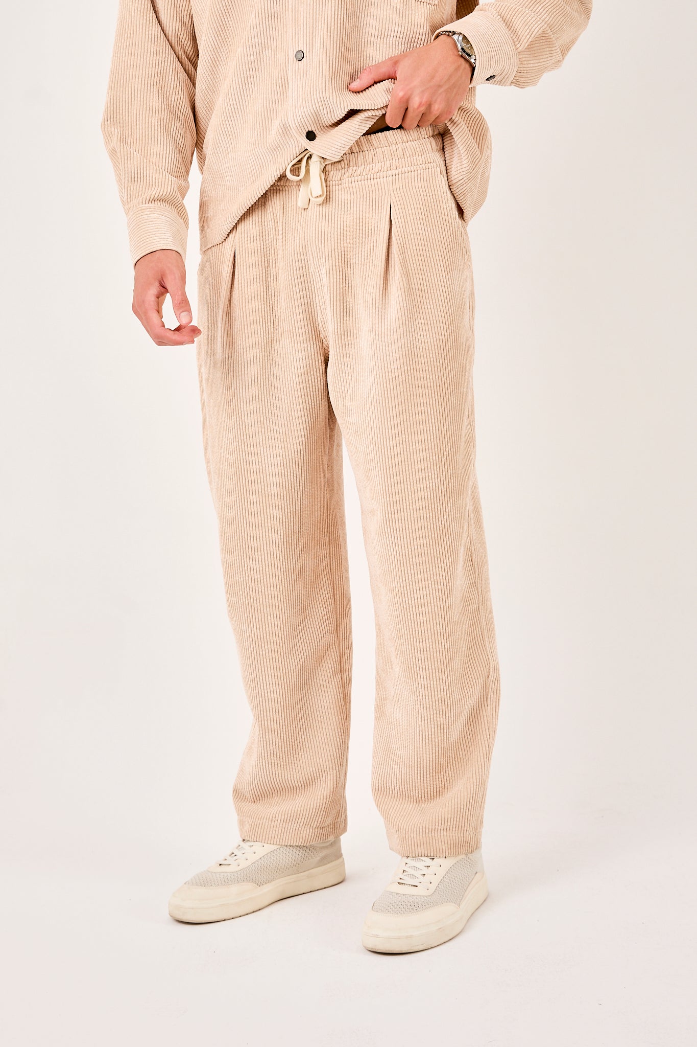 Men’s Beige Corduroy Pants – Elastic Waist, Relaxed Fit-X-1004