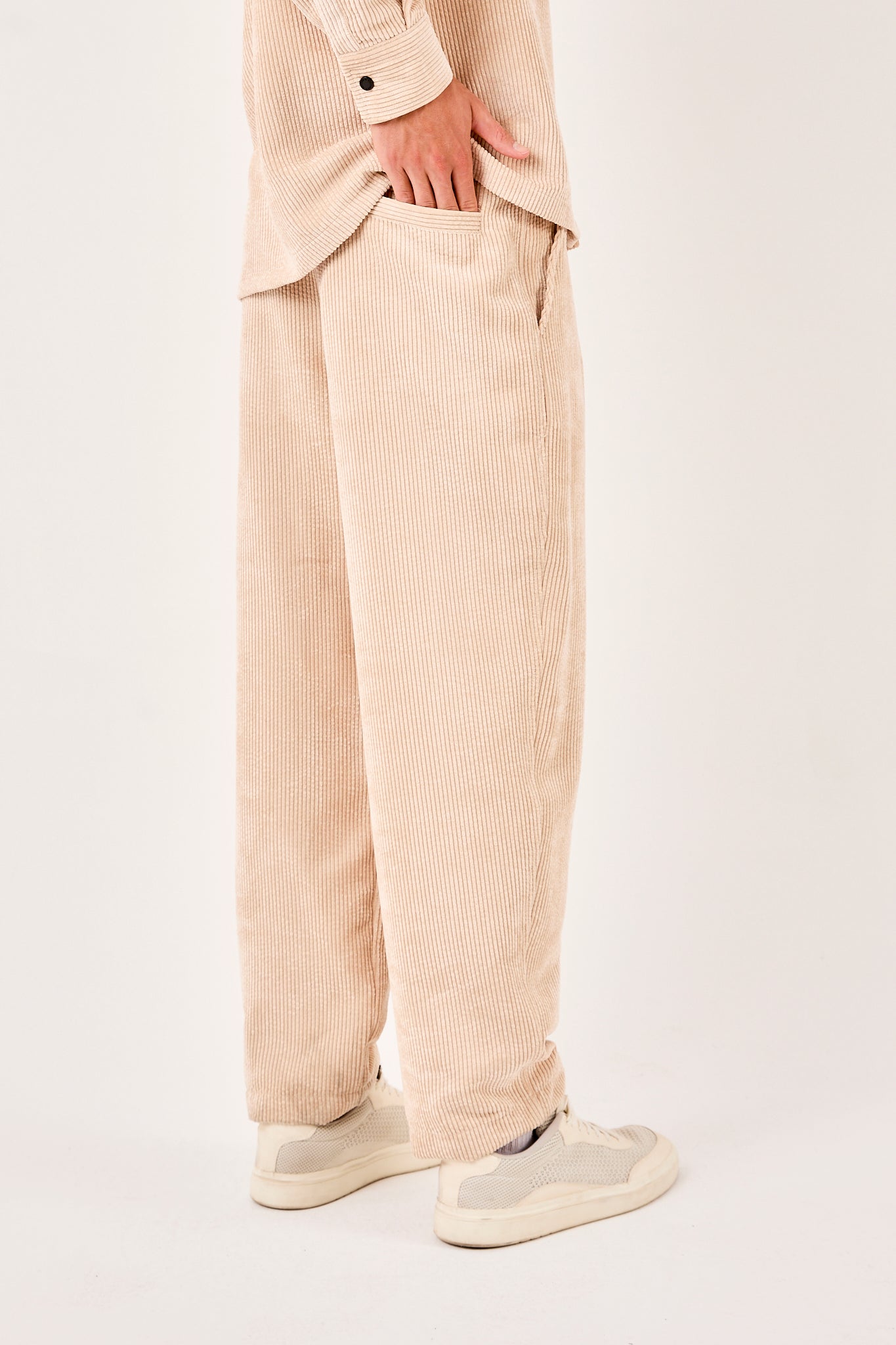 Men’s Beige Corduroy Pants – Elastic Waist, Relaxed Fit-X-1004