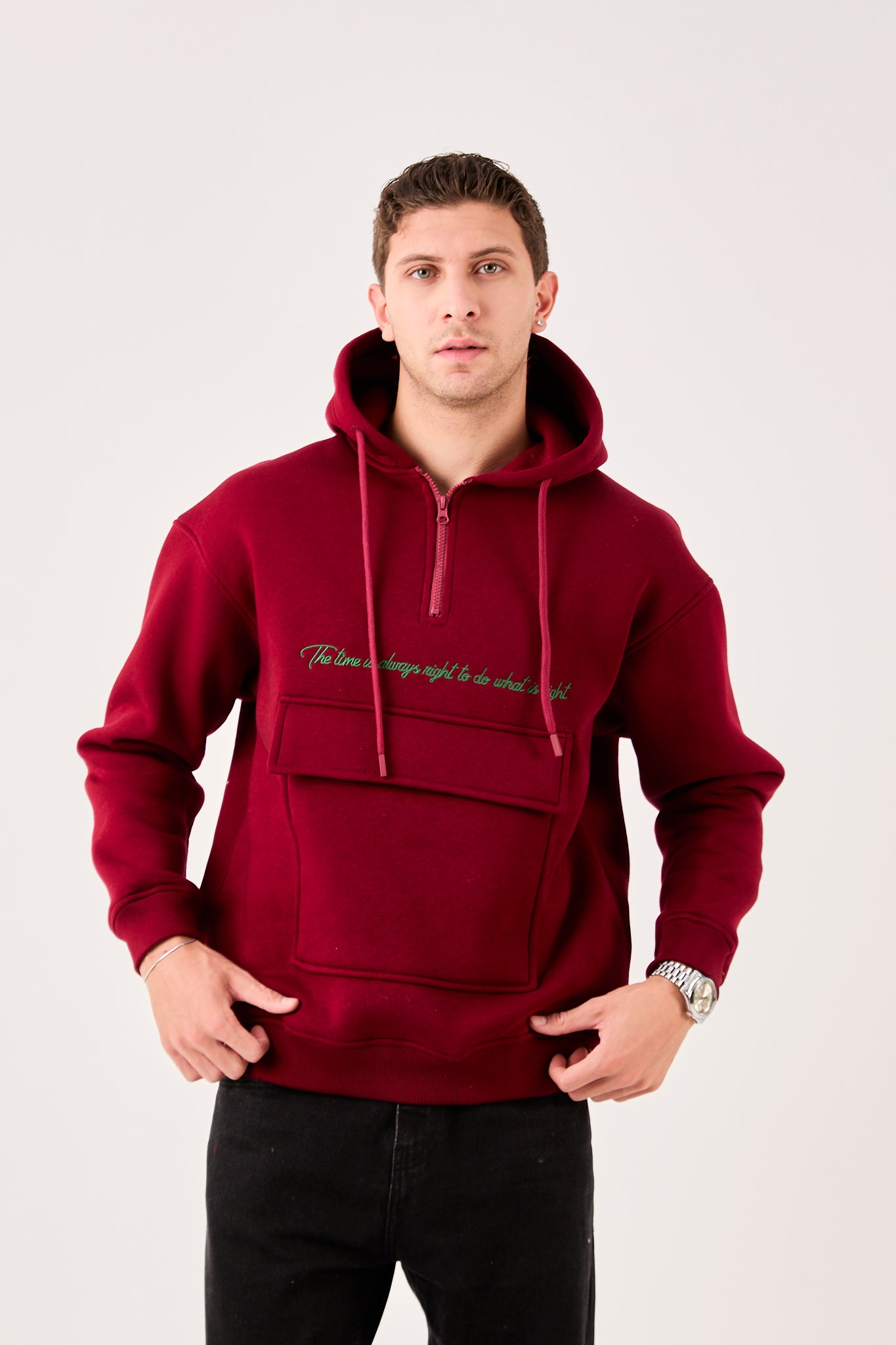 Men’s Oversized Hooded Sweatshirt – Fleece Inside, Half-Zip Design X-4005