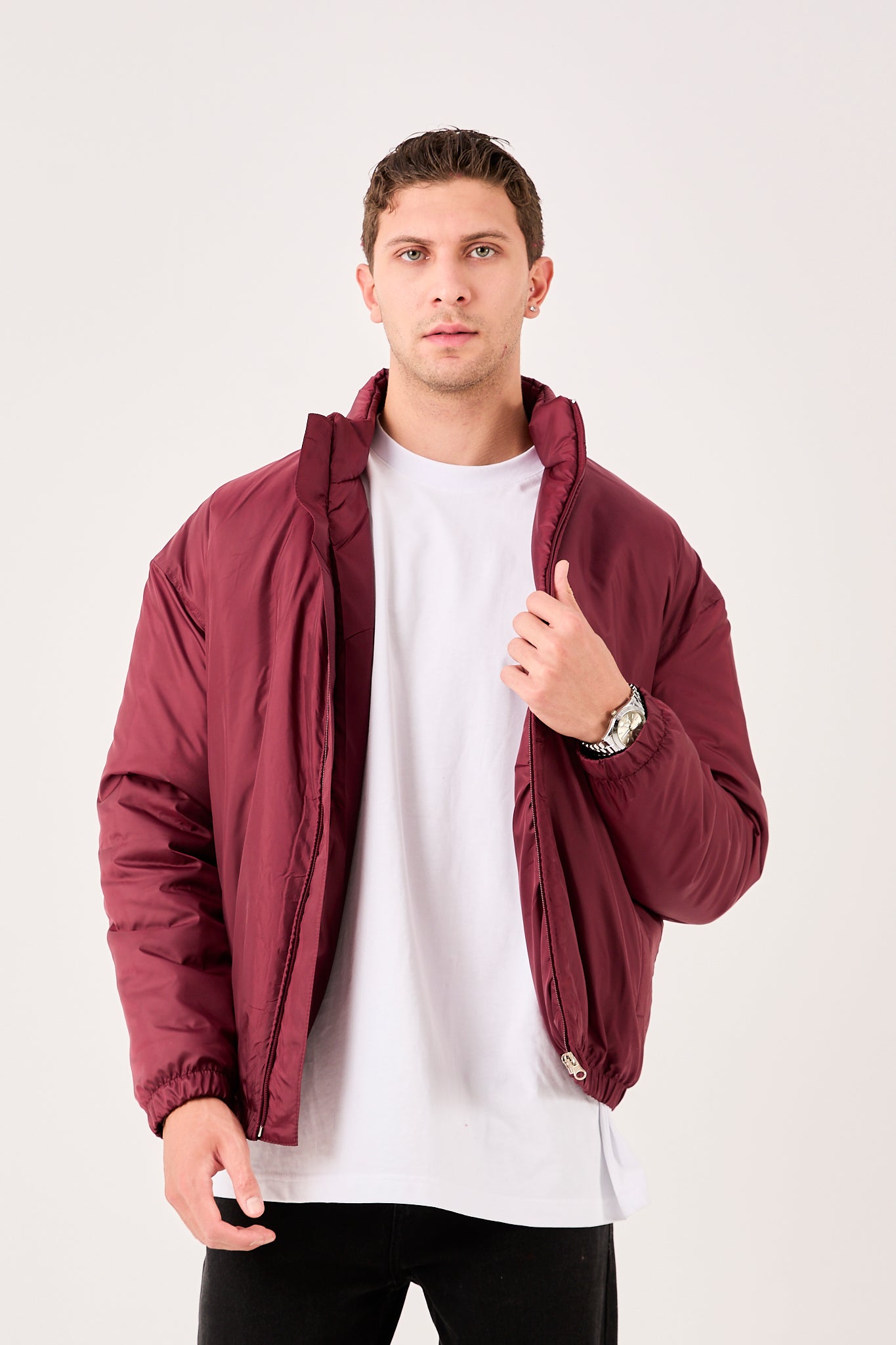 Men’s Lightweight Puffer Jacket – Zip Front, Stand Collar – X-2008