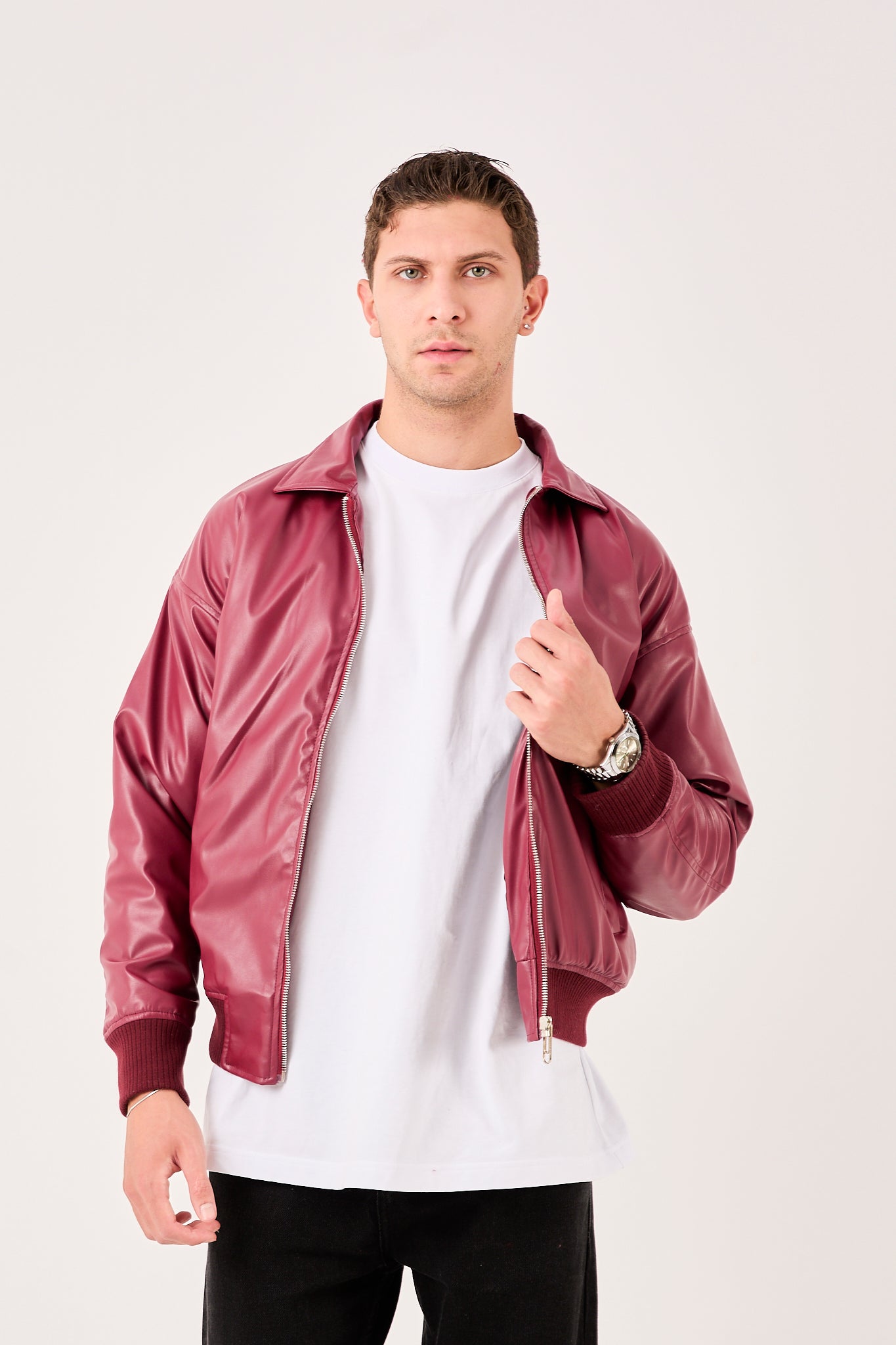 Men’s Bomber Jacket – Vegan Leather Detail, Zip Front, Ribbed Hem X-2015