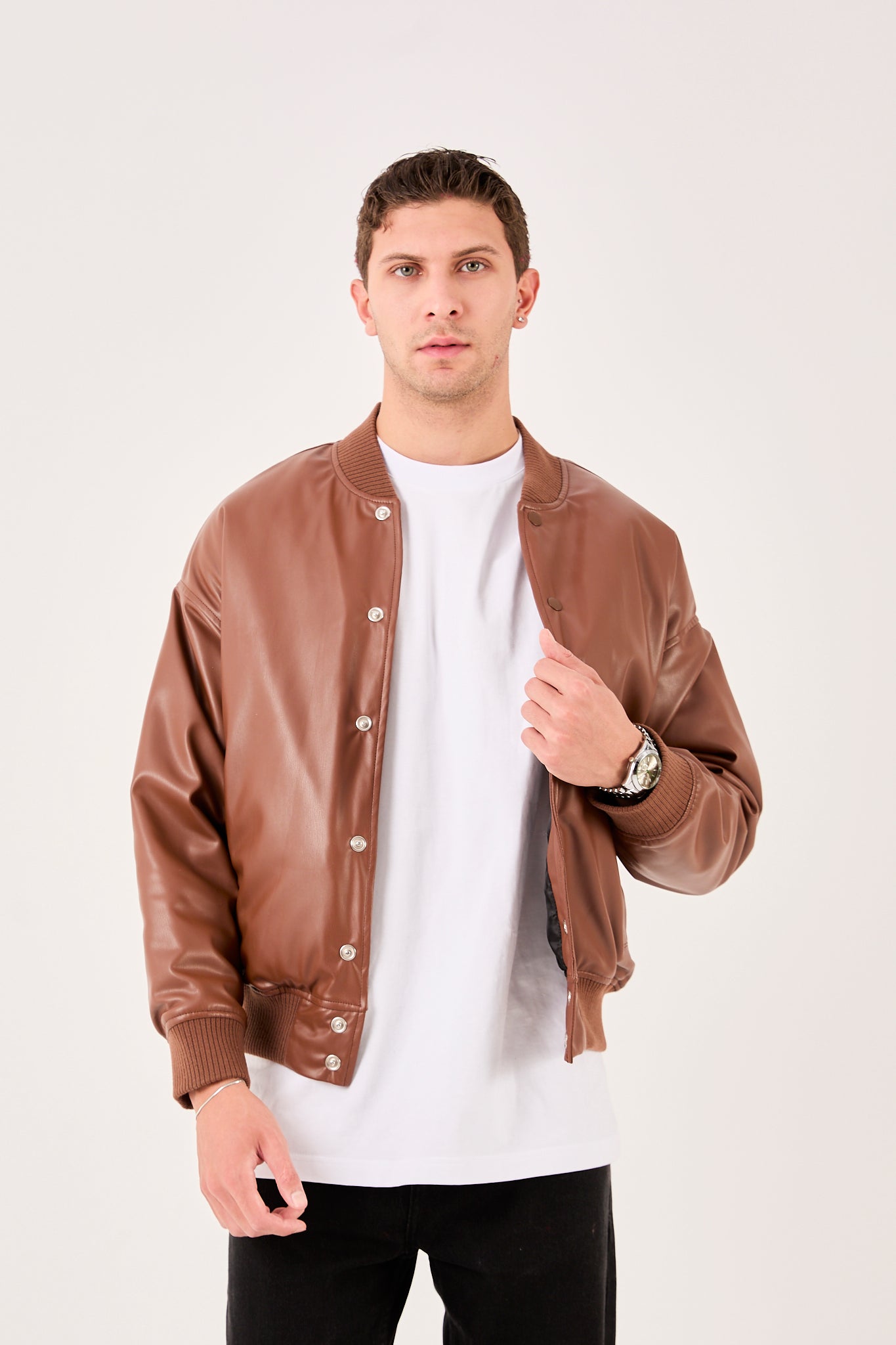 Men’s Faux Leather Bomber Jacket – Snap Button Closure-X-2018