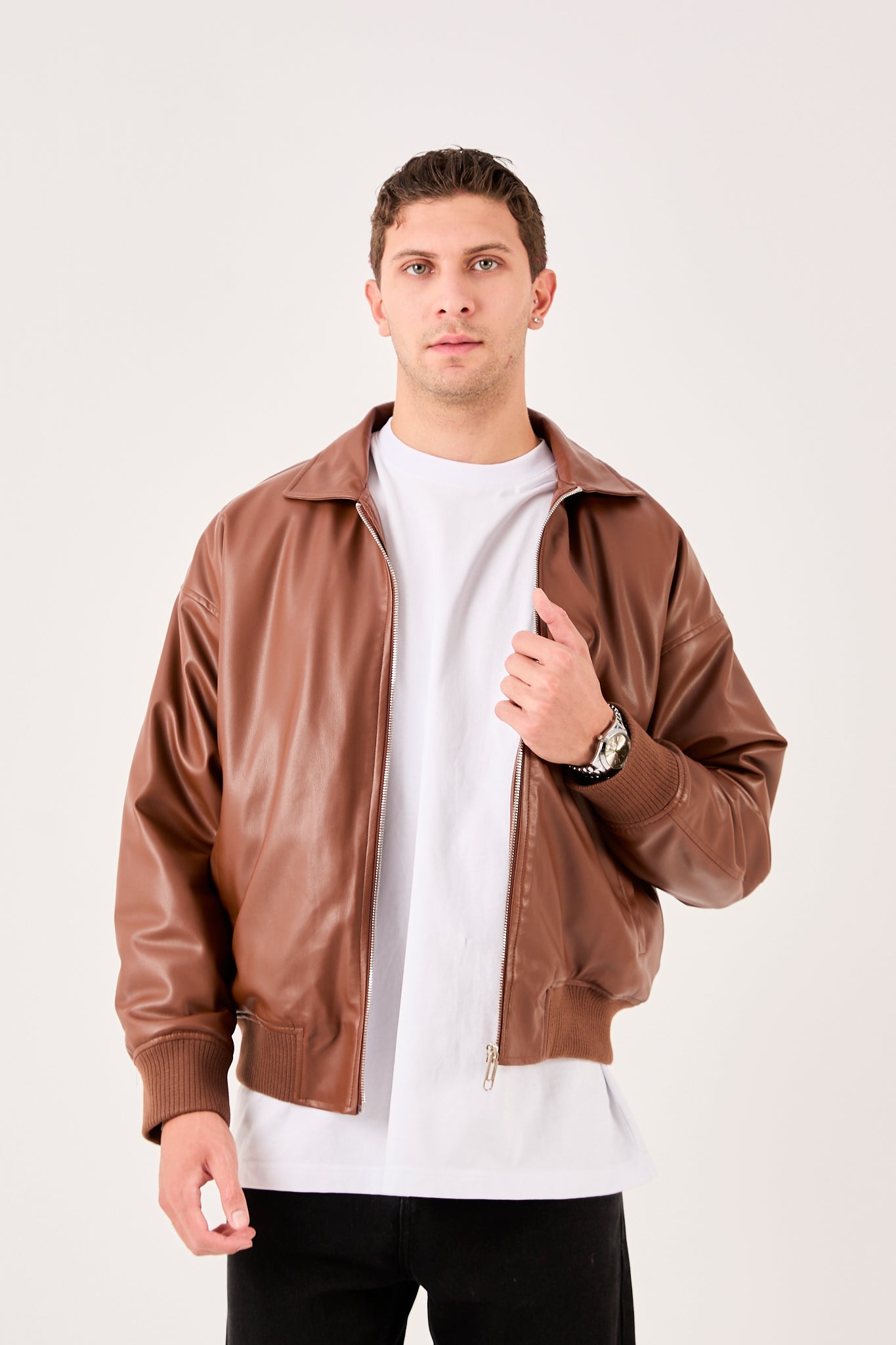 Men’s Bomber Jacket – Vegan Leather Detail, Zip Front, Ribbed Hem X-2015