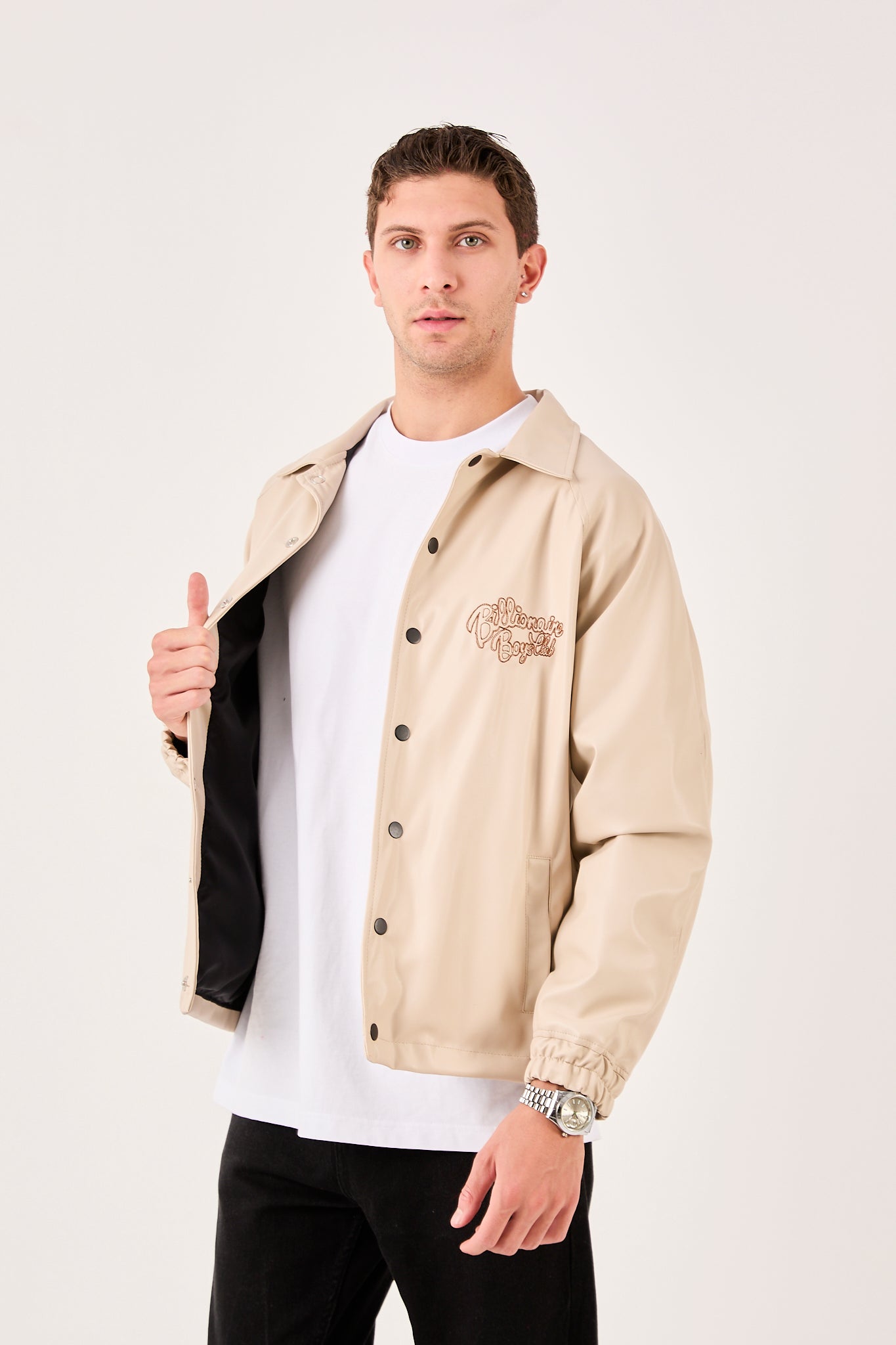 Men's Embroidered Faux Leather Jacket – Front & Back Detail – X-2013