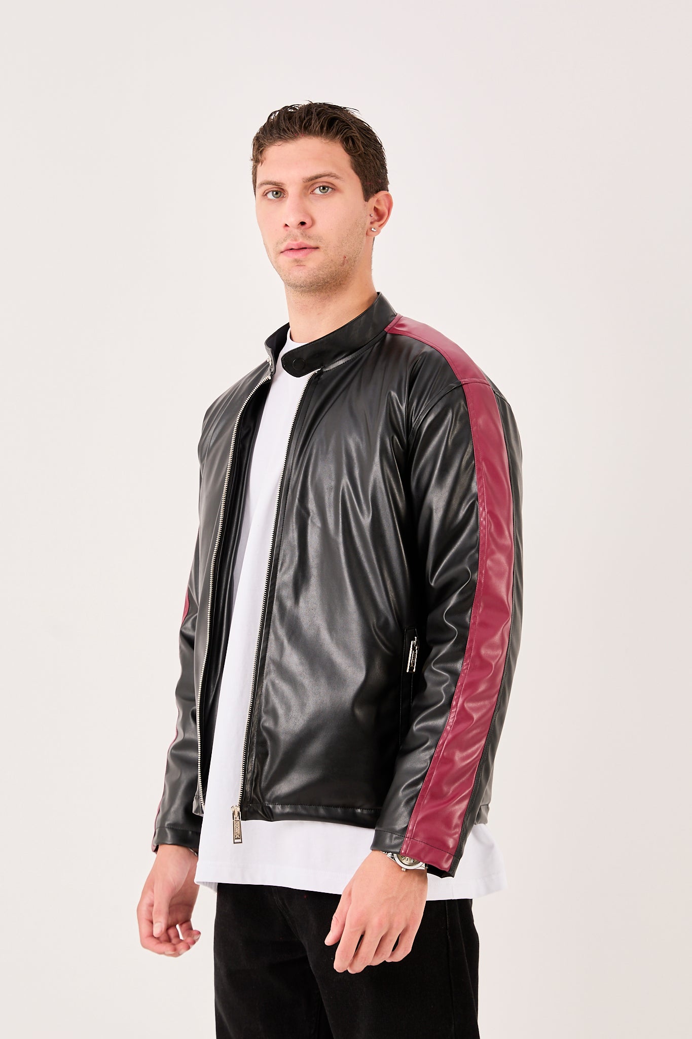 Men's Quilted Lined Faux Leather Jacket with Contrast Trim – X-2016