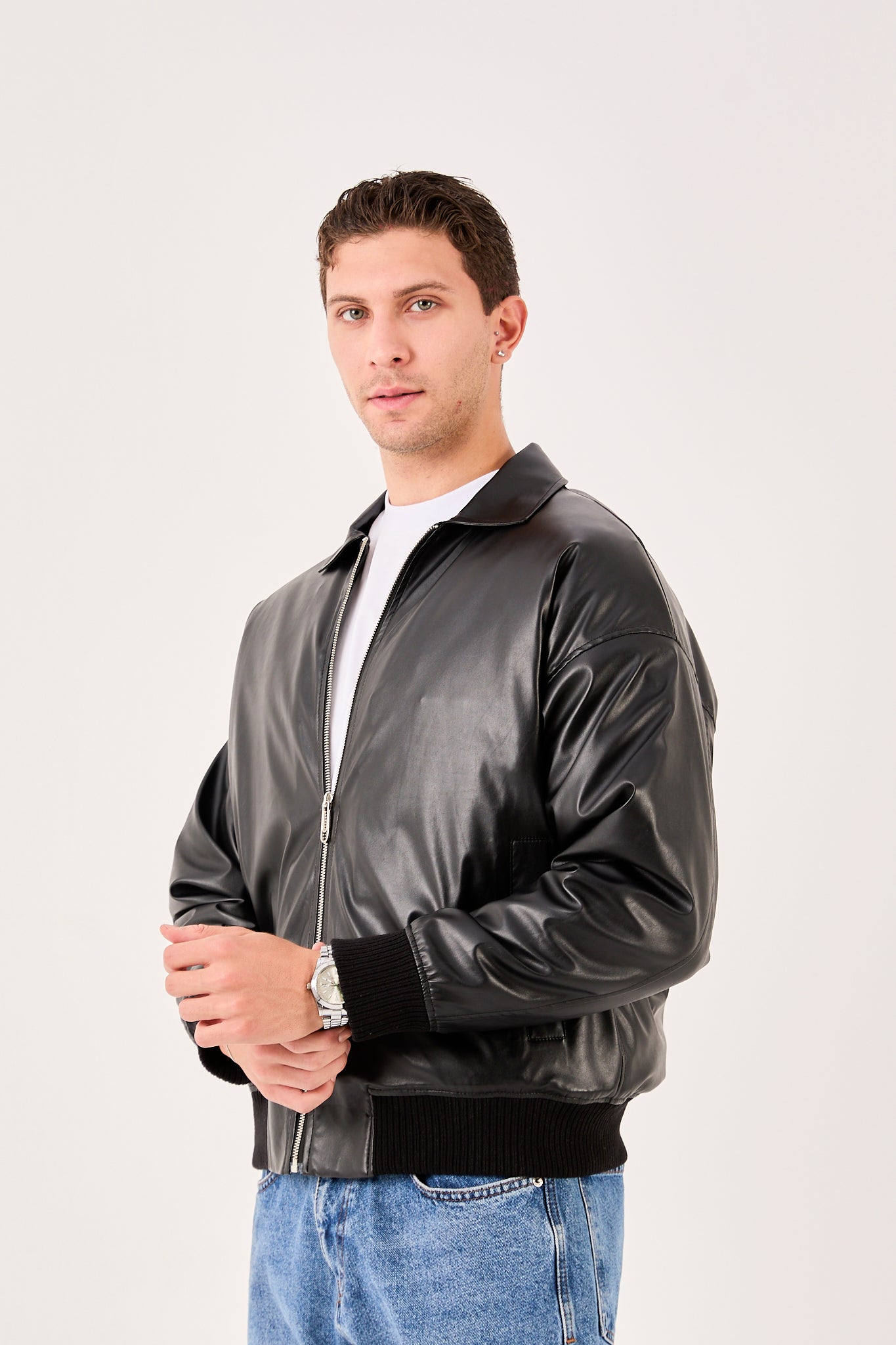 Men’s Bomber Jacket – Vegan Leather Detail, Zip Front, Ribbed Hem X-2015
