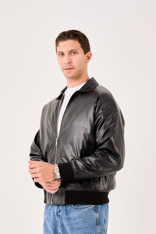 Men’s Bomber Jacket – Vegan Leather Detail, Zip Front, Ribbed Hem X-2015