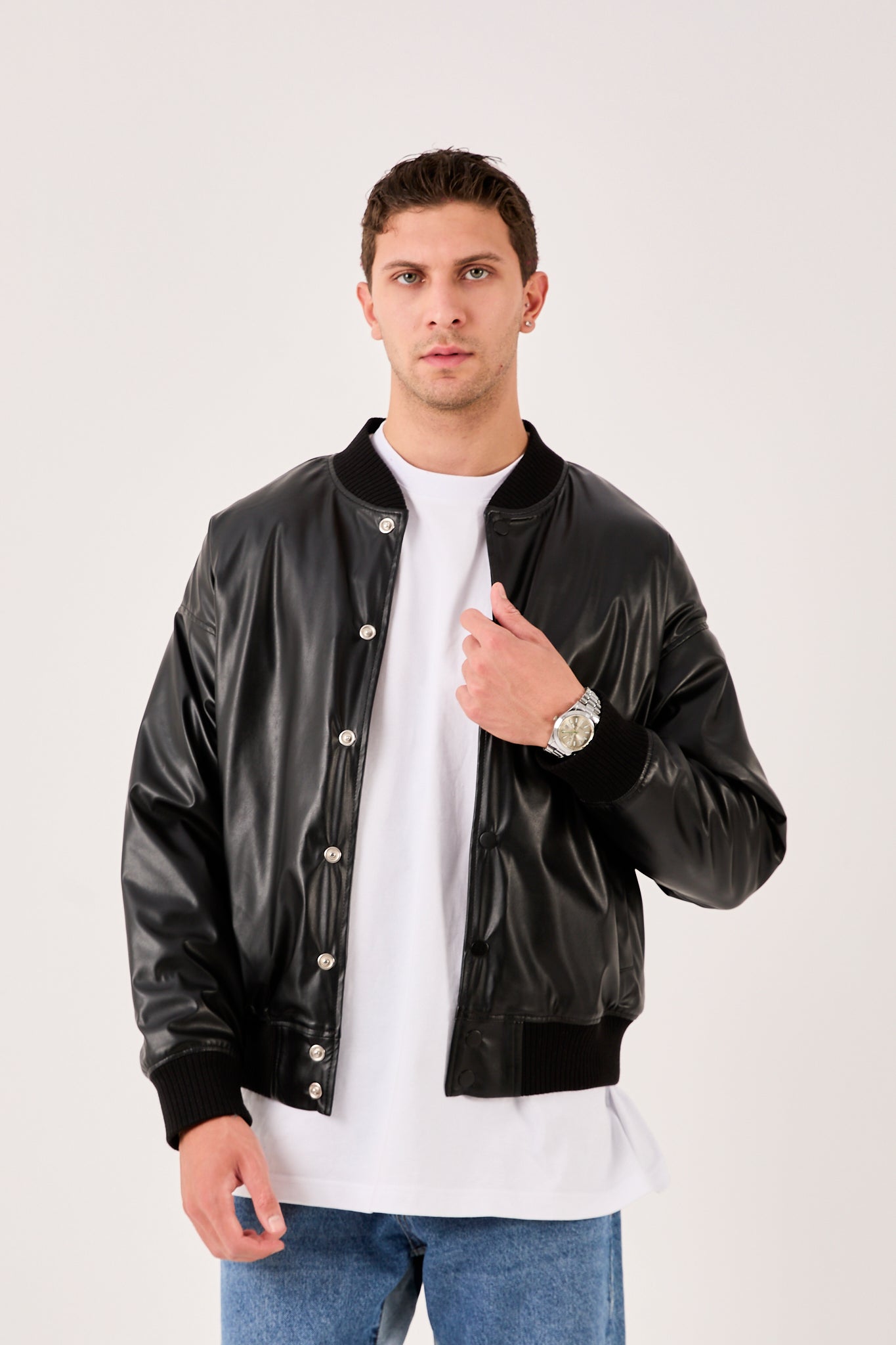 Men’s Faux Leather Bomber Jacket – Snap Button Closure-X-2018