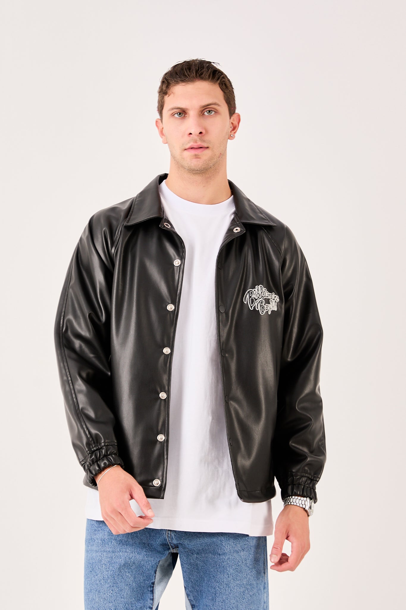 Men's Embroidered Faux Leather Jacket – Front & Back Detail – X-2013