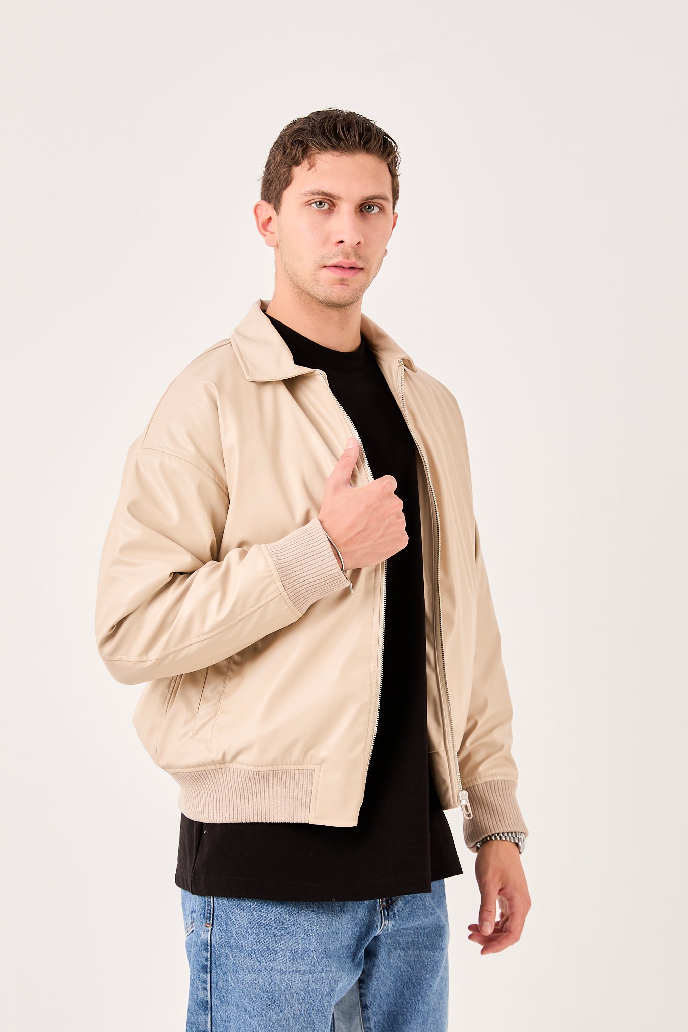 Men’s Bomber Jacket – Vegan Leather Detail, Zip Front, Ribbed Hem X-2015