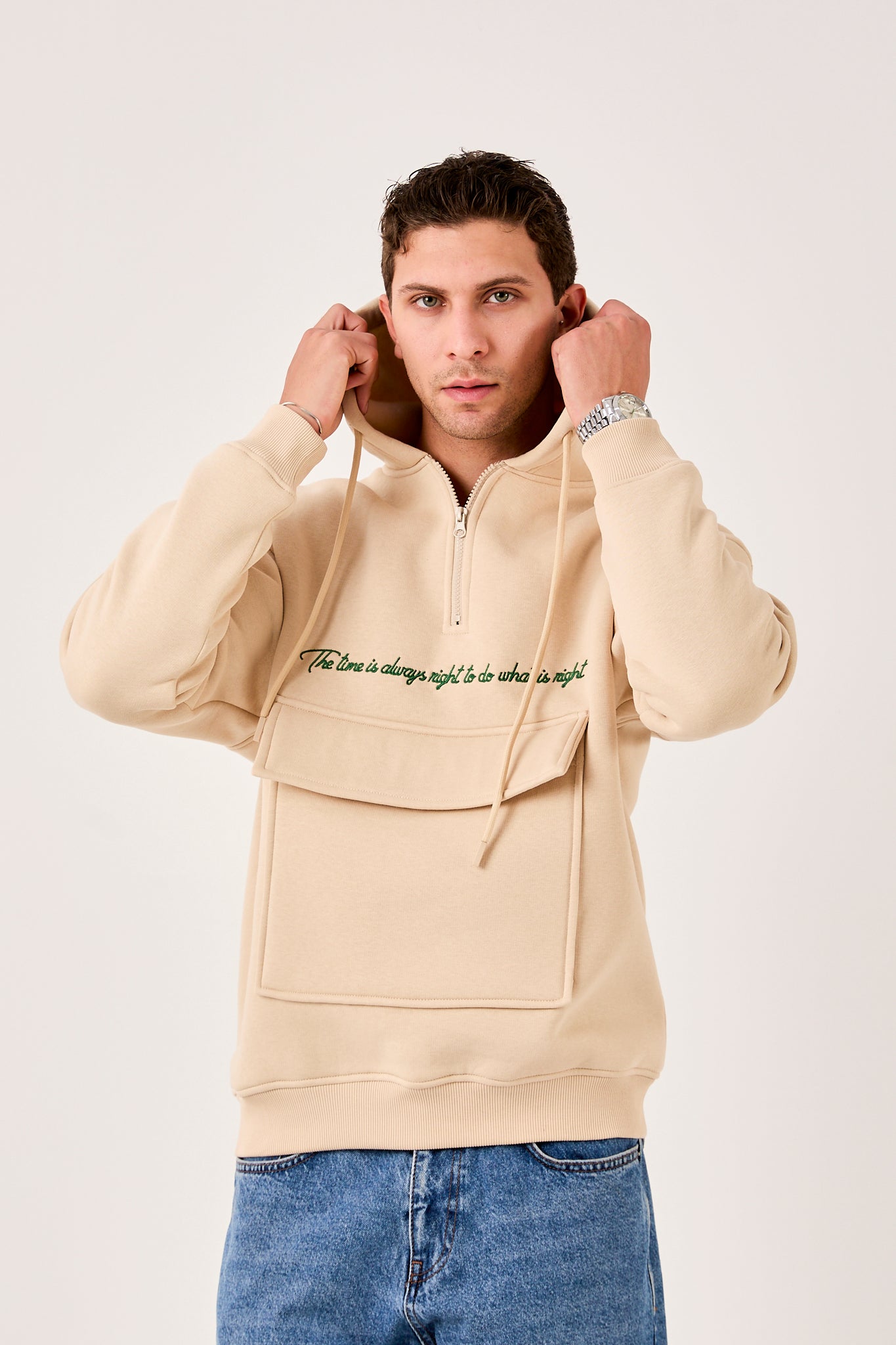 Men’s Oversized Hooded Sweatshirt – Fleece Inside, Half-Zip Design X-4005