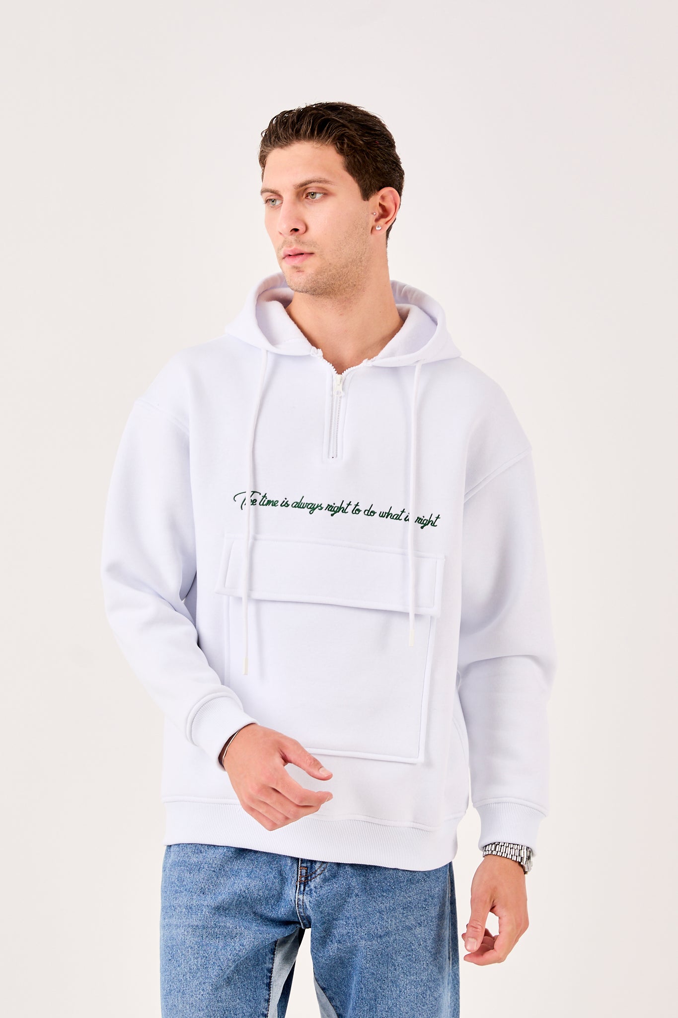 Men’s Oversized Hooded Sweatshirt – Fleece Inside, Half-Zip Design X-4005