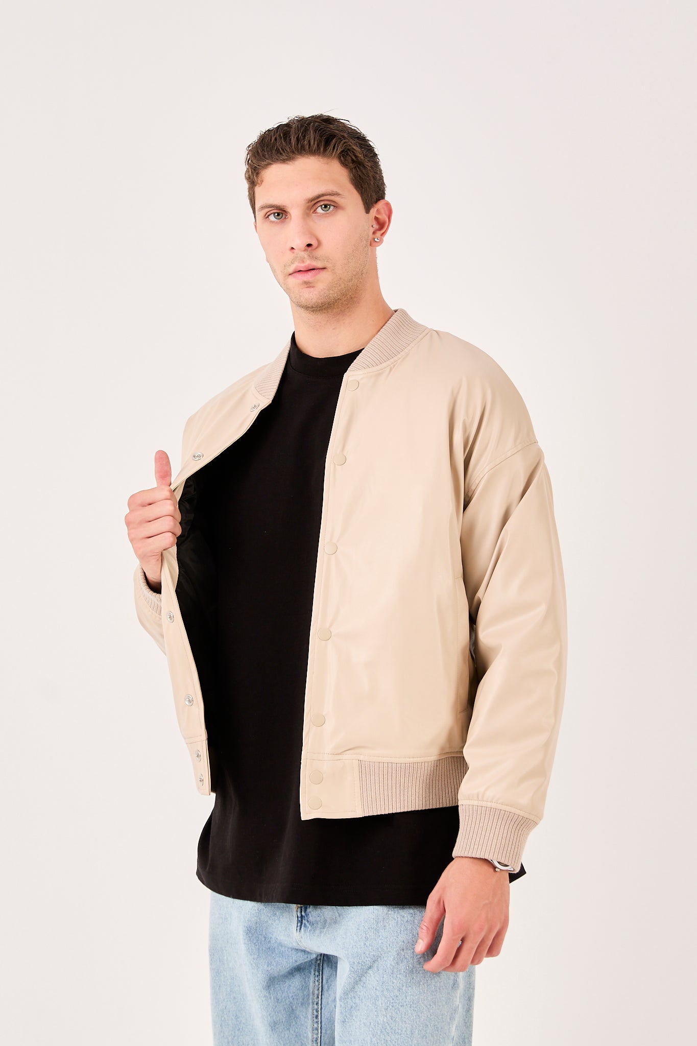 Men’s Faux Leather Bomber Jacket – Snap Button Closure-X-2018