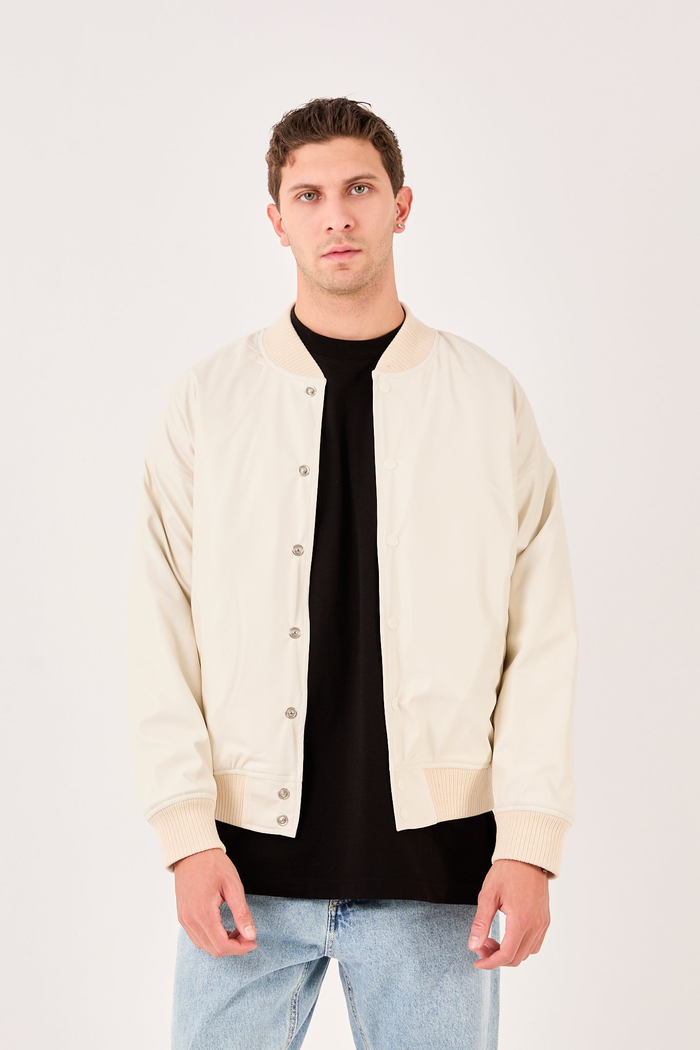 Men’s Faux Leather Bomber Jacket – Snap Button Closure-X-2018
