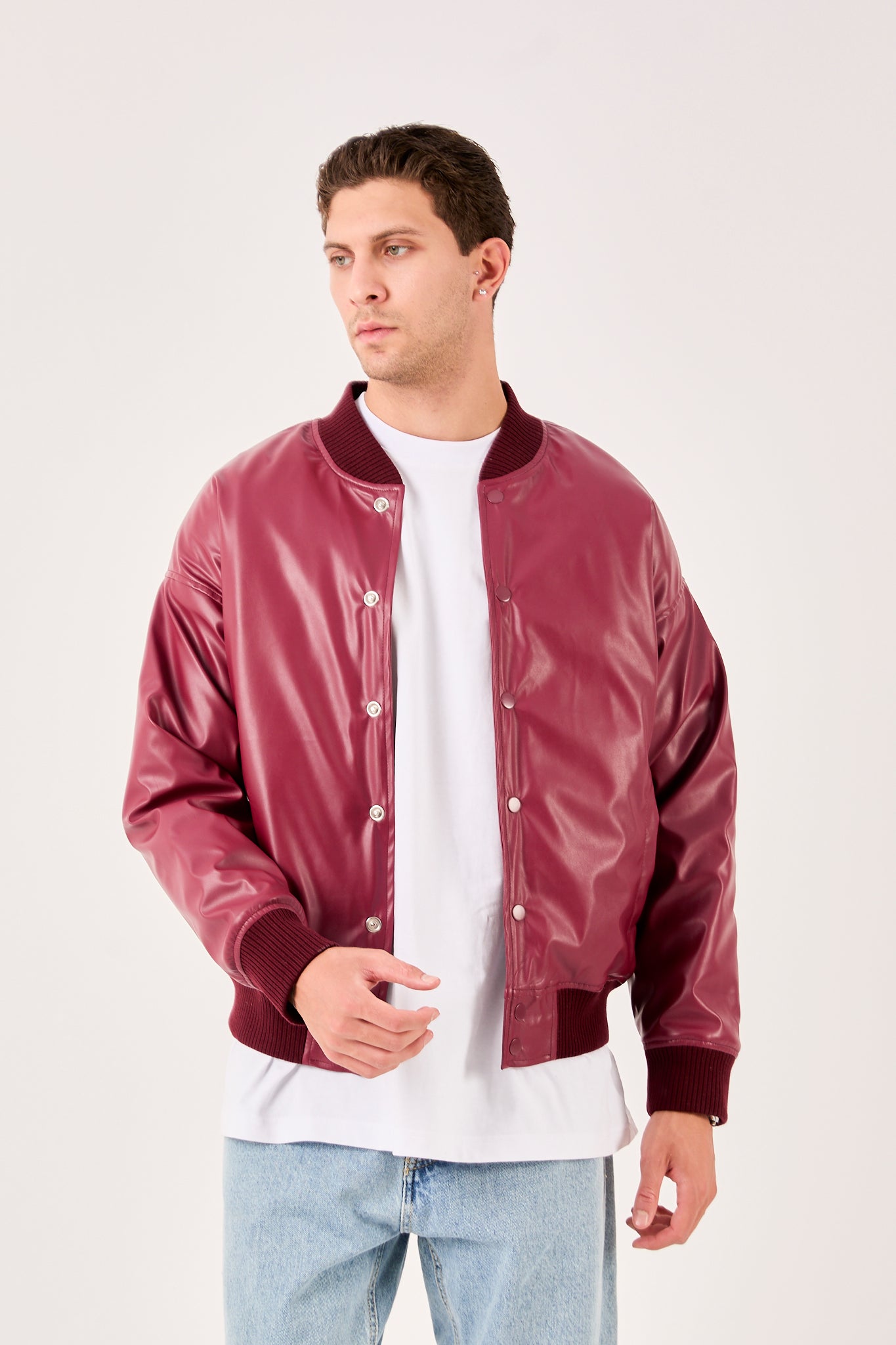 Men’s Faux Leather Bomber Jacket – Snap Button Closure-X-2018