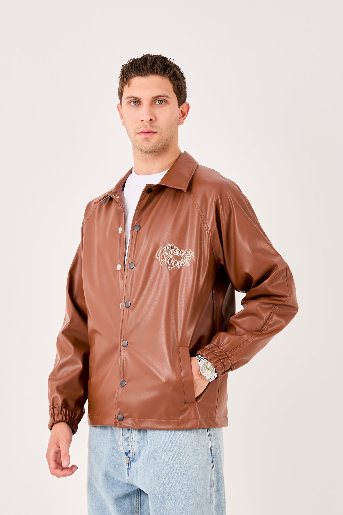 Men's Embroidered Faux Leather Jacket – Front & Back Detail – X-2013