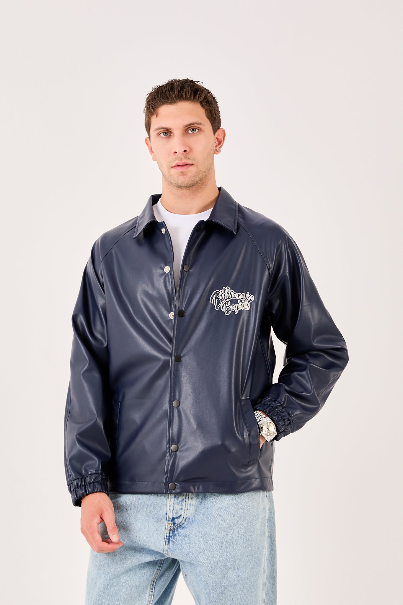 Men's Embroidered Faux Leather Jacket – Front & Back Detail – X-2013