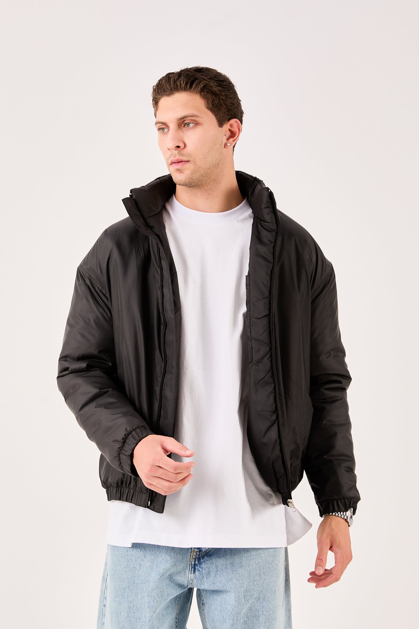 Men’s Lightweight Puffer Jacket – Zip Front, Stand Collar – X-2008