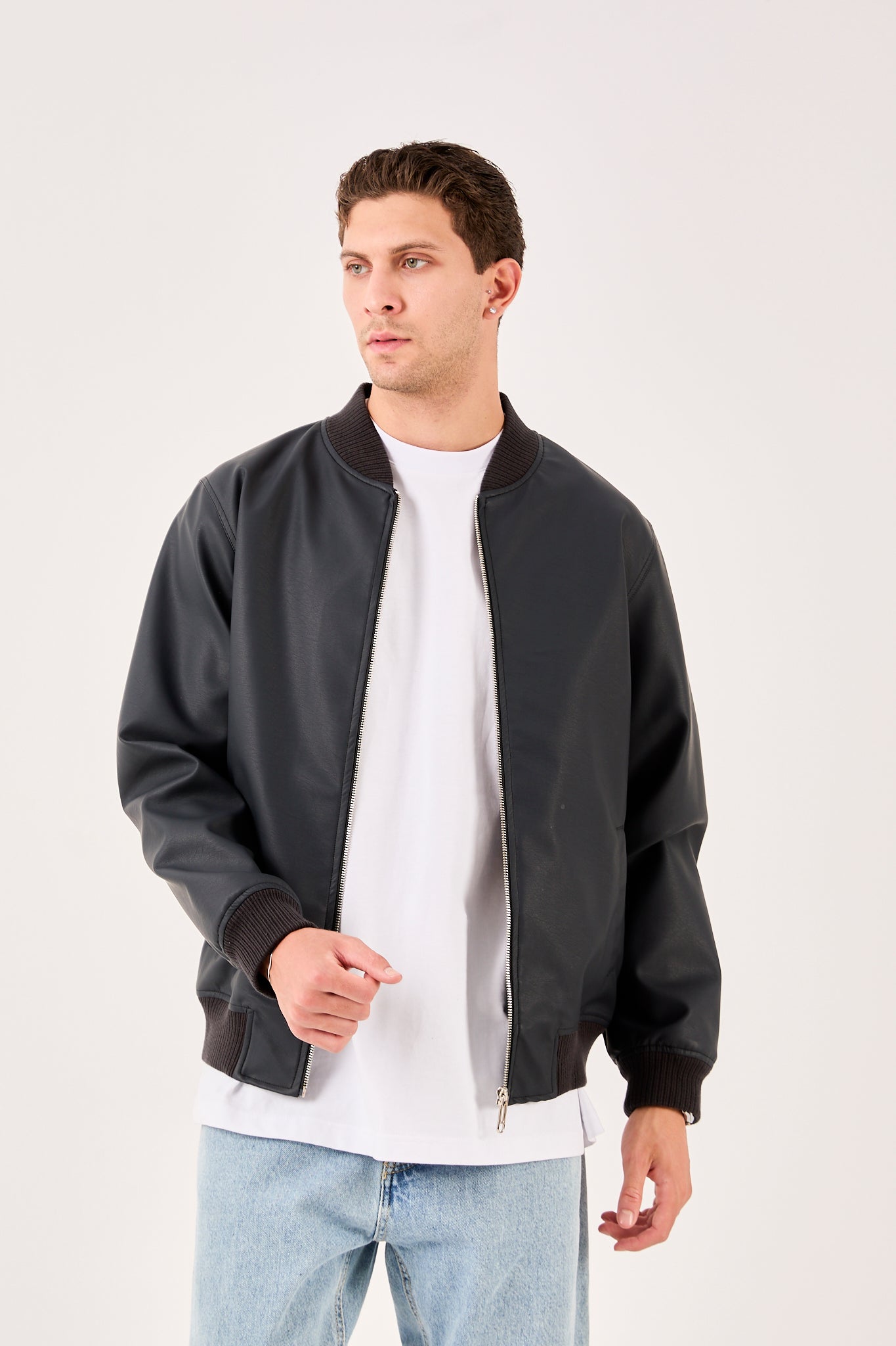 Men’s Faux Leather Quilted Jacket with Snap Button Closure-X-2012