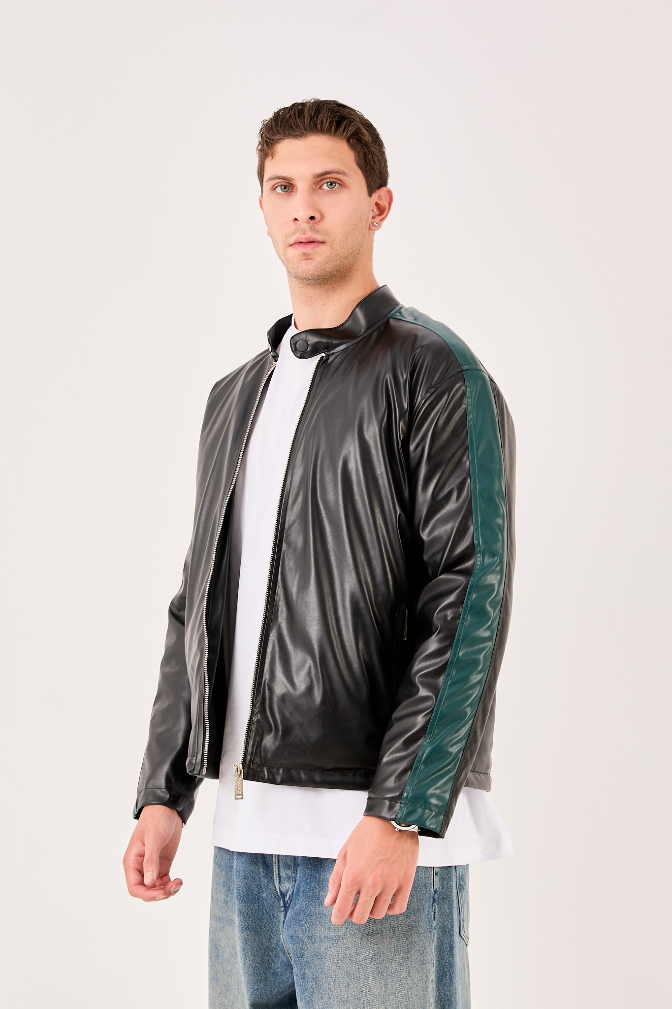 Men's Quilted Lined Faux Leather Jacket with Contrast Trim – X-2016